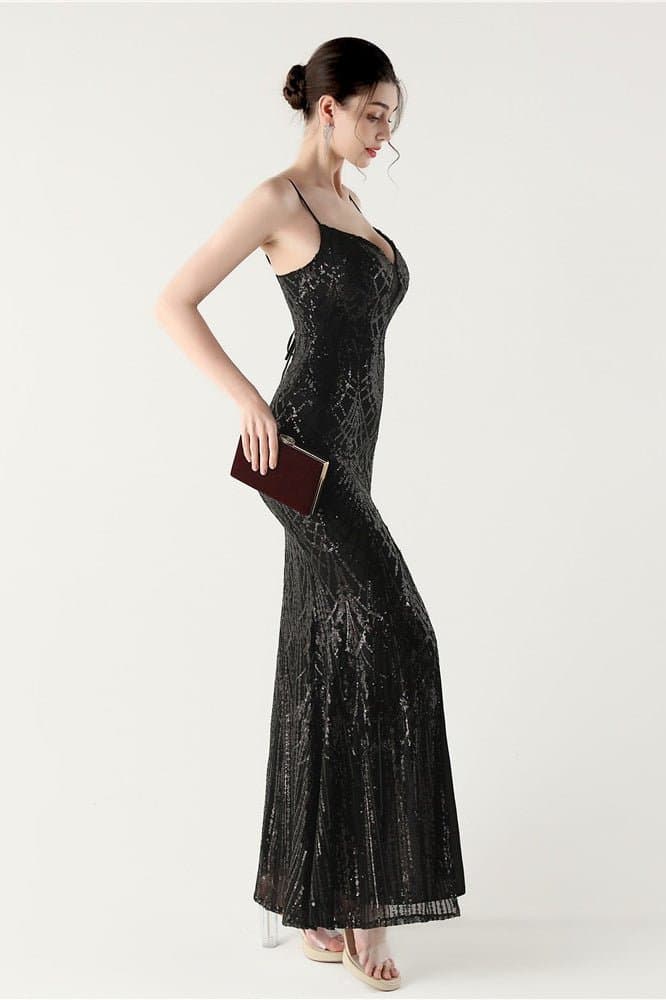 Sequin V-Neck Cross Strap Mermaid Maxi Evening Dress