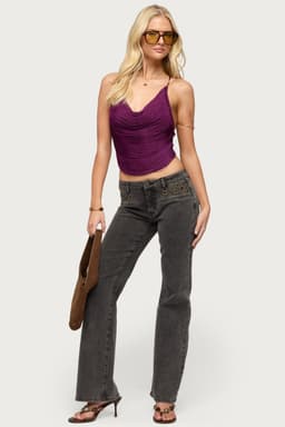 Grommet Mid Rise Straight Leg Jeans in Stretchy Cotton Polyester Spandex Denim