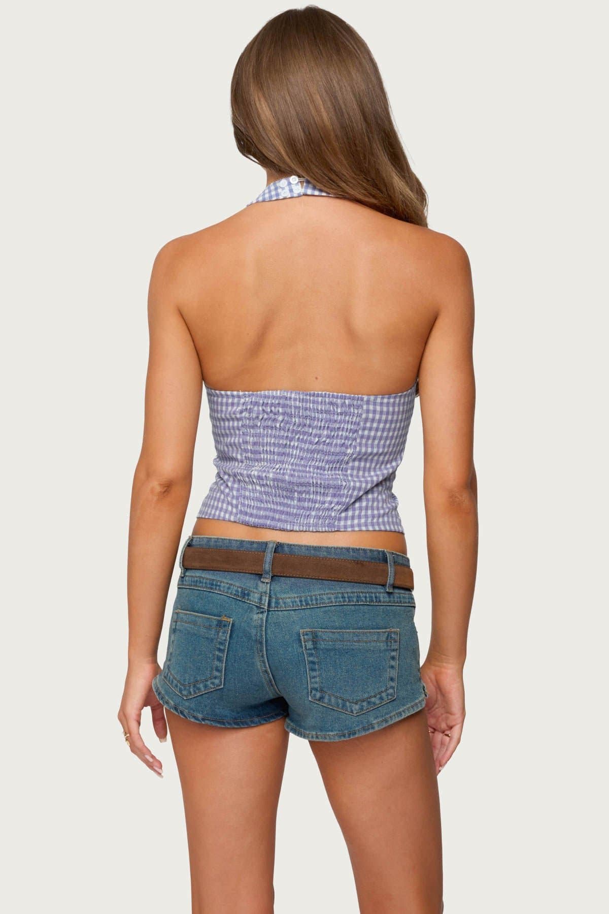 Evan Gingham Button Up Halter Top - 100% Cotton V-Neck Smocked Back