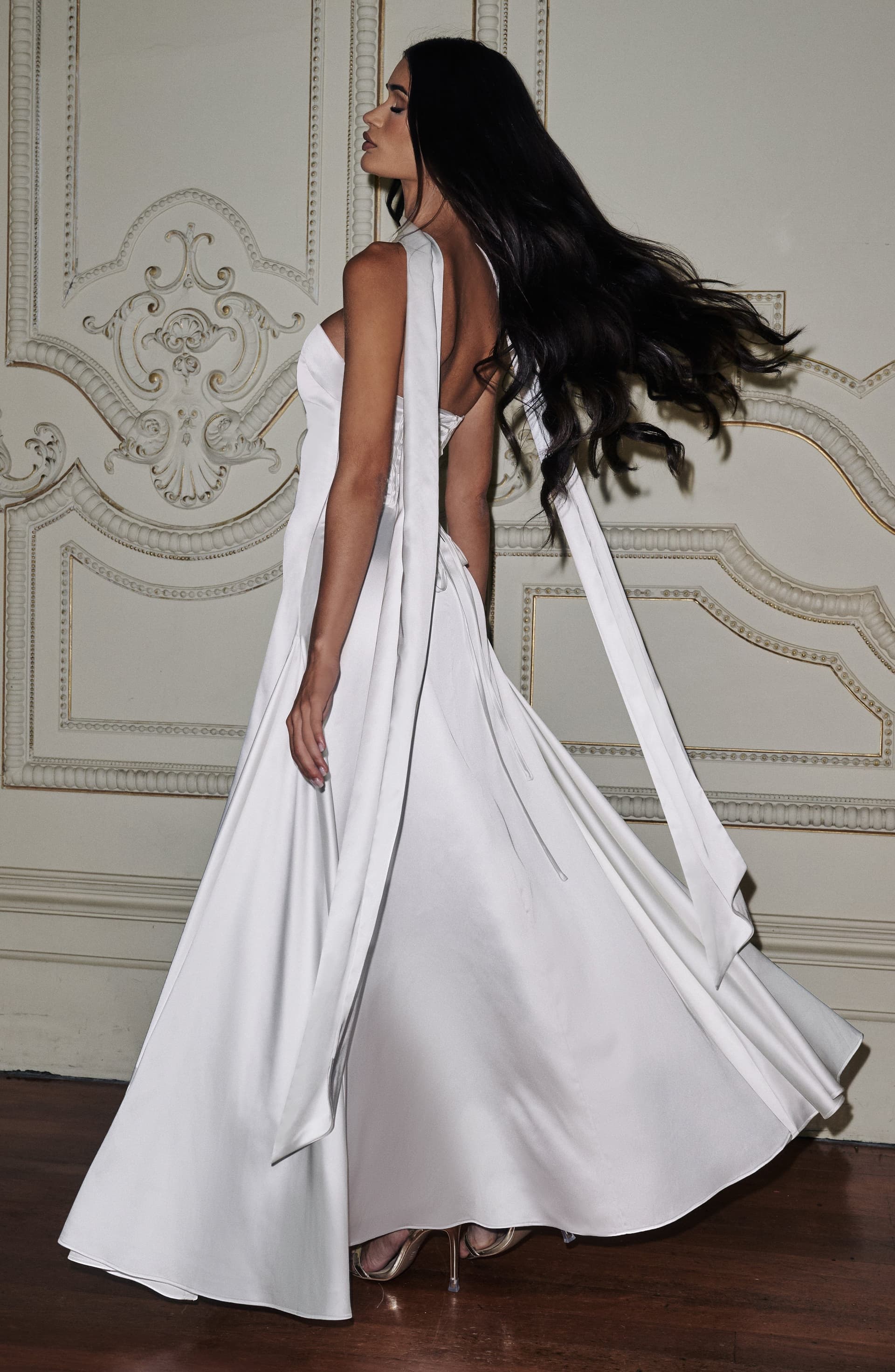 Morven Maxi Dress in Ivory - Strapless Satin A-Line with Lace-Up Back