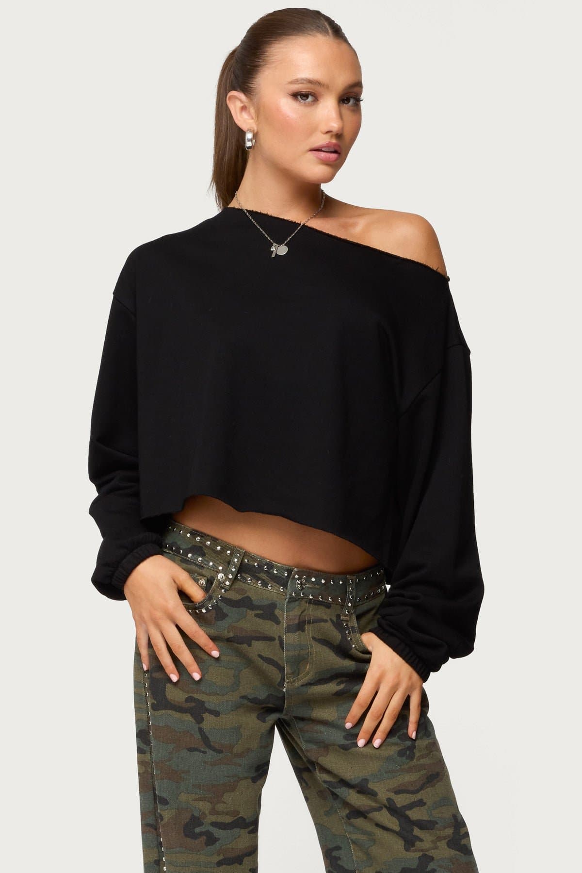 Aveline Off Shoulder Light Sweatshirt - Cotton Polyester Rolled Edges