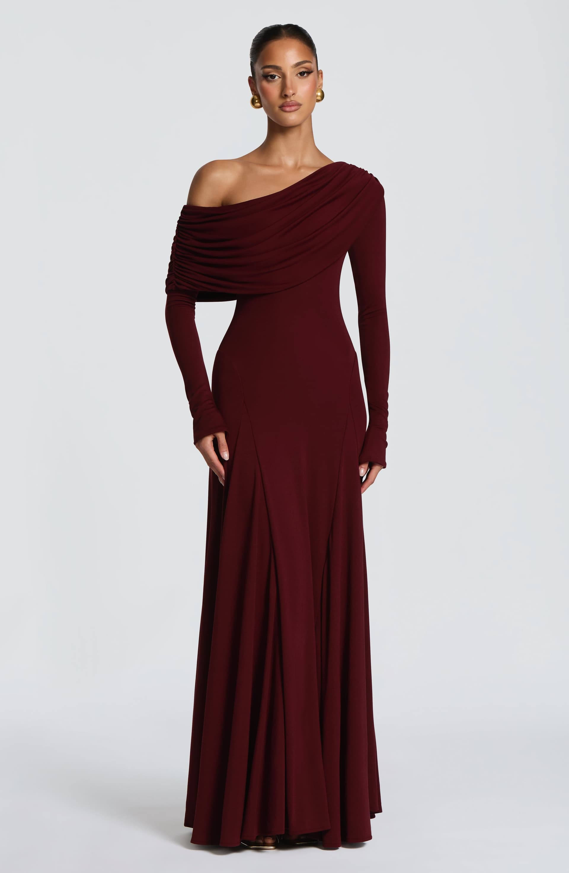 Rafaela Maxi Dress in Cherry Lacquer - Asymmetric Off-Shoulder Modal Jersey Long Sleeve