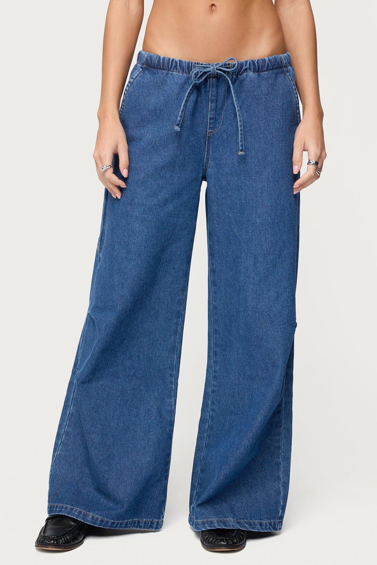 Vicky Tie Waist Low Rise Baggy Jeans - Rigid Denim Cotton Polyester Rayon
