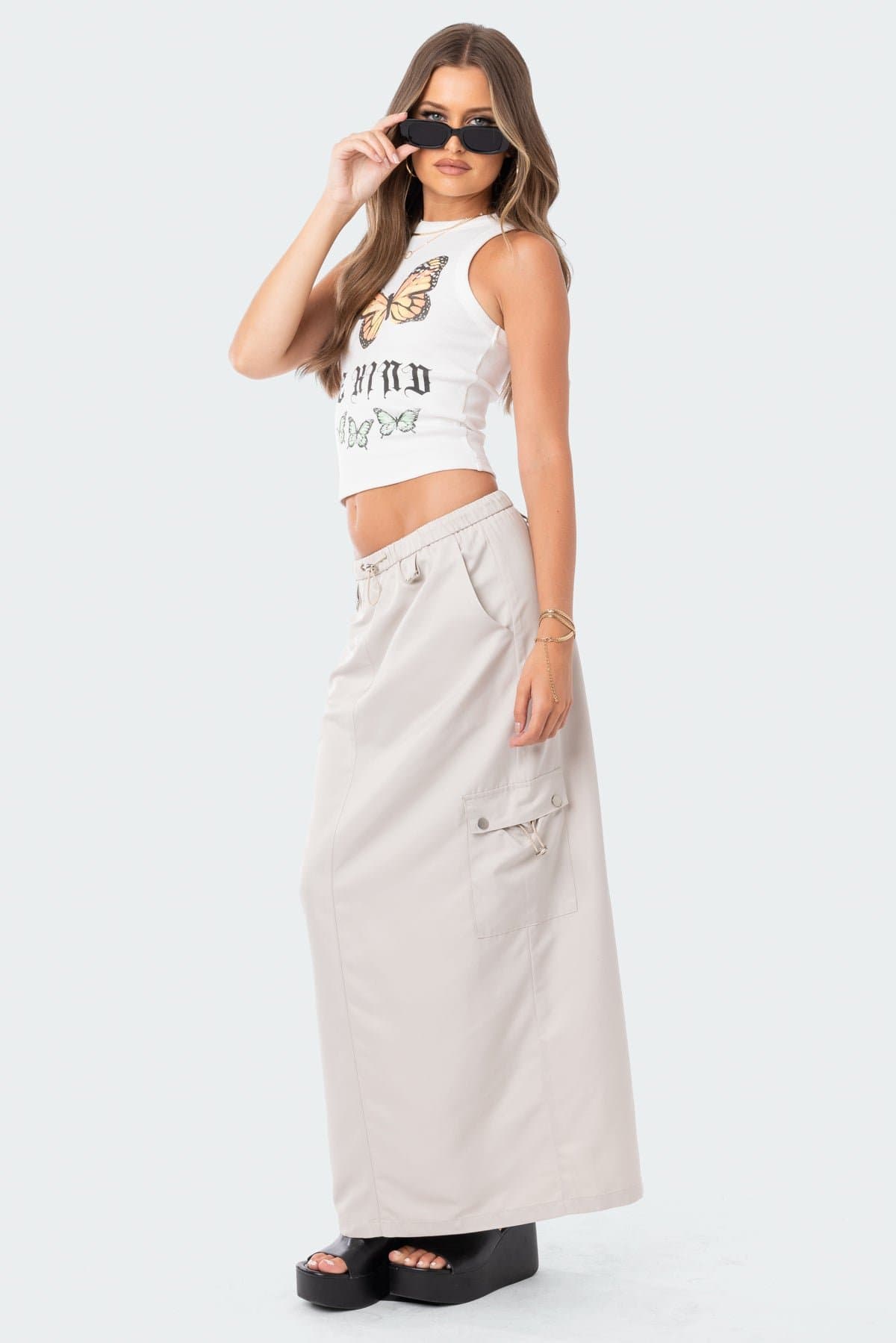Demi Cargo Maxi Skirt - Polyester Rayon Drawstring Waistband Cargo Pockets