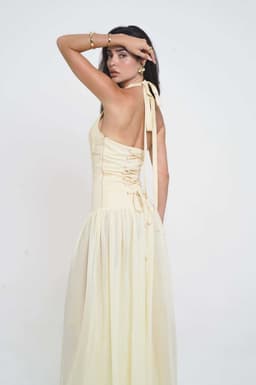 Yellow Halter Corset Maxi Dress – Deep V Neck Starfish Detail Lace Up Back Chiffon Gown XS-L