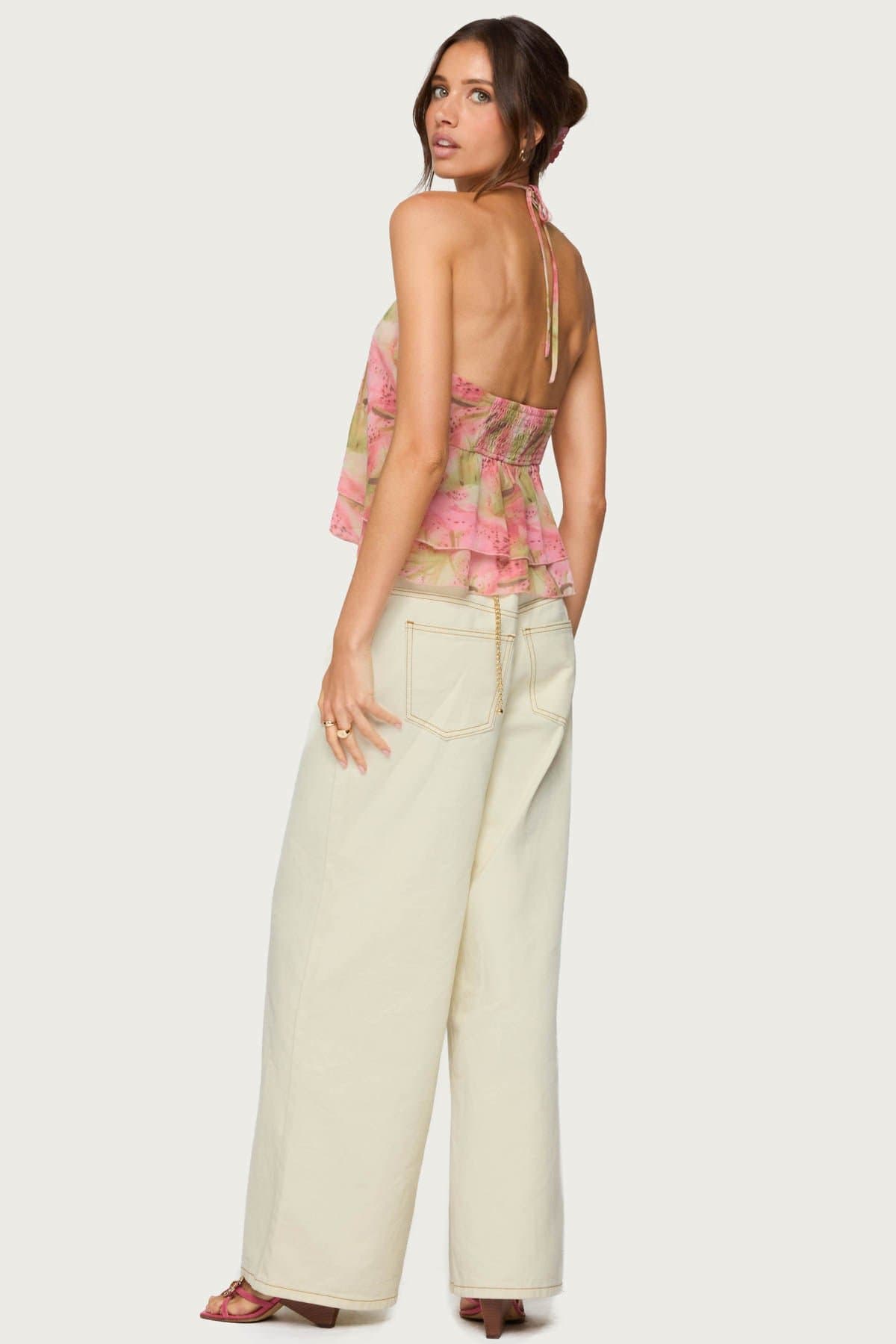 Dragon Lily Floral Print Layered Chiffon Halter Top