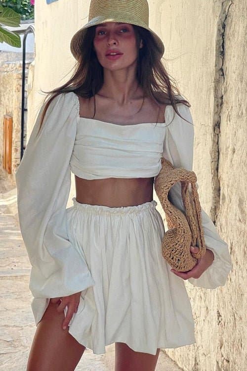 Tie Bandeau Pleated High Waist Mini Skirt Set with Puff Long Sleeves Cotton