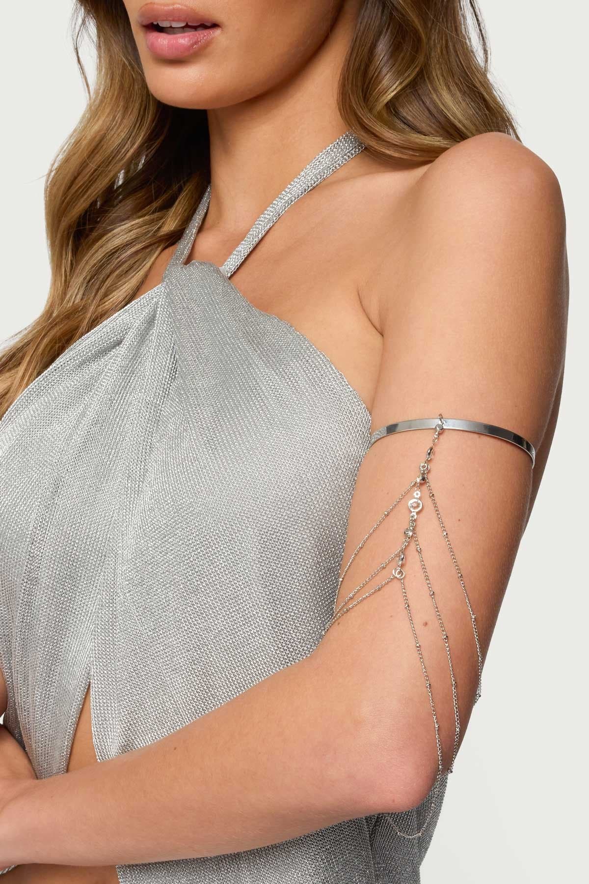 Festival Rhinestone Chain Arm Cuff - Triple Chain Silver Tone Metal 3 Inch Length