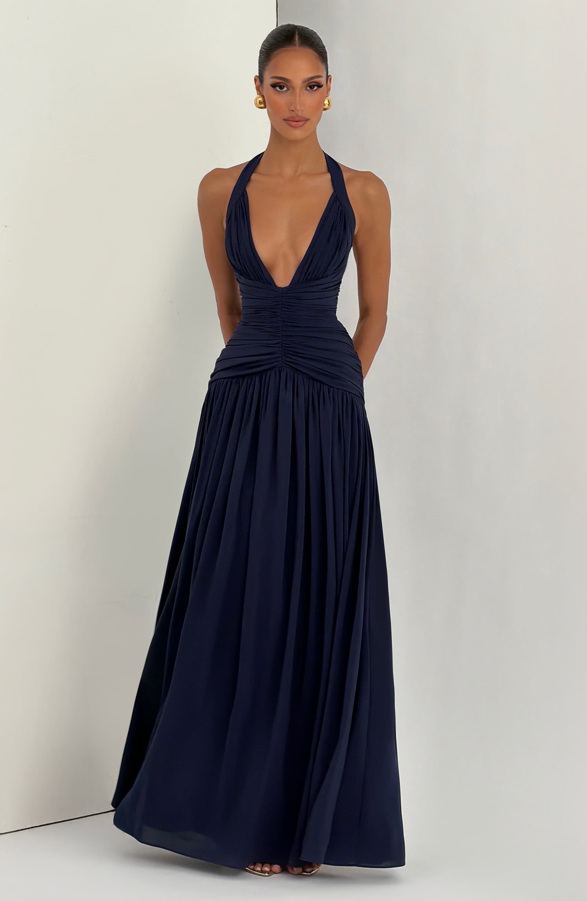 Amaris Maxi Dress - Navy Chiffon Plunge Halter Neck Thigh Split