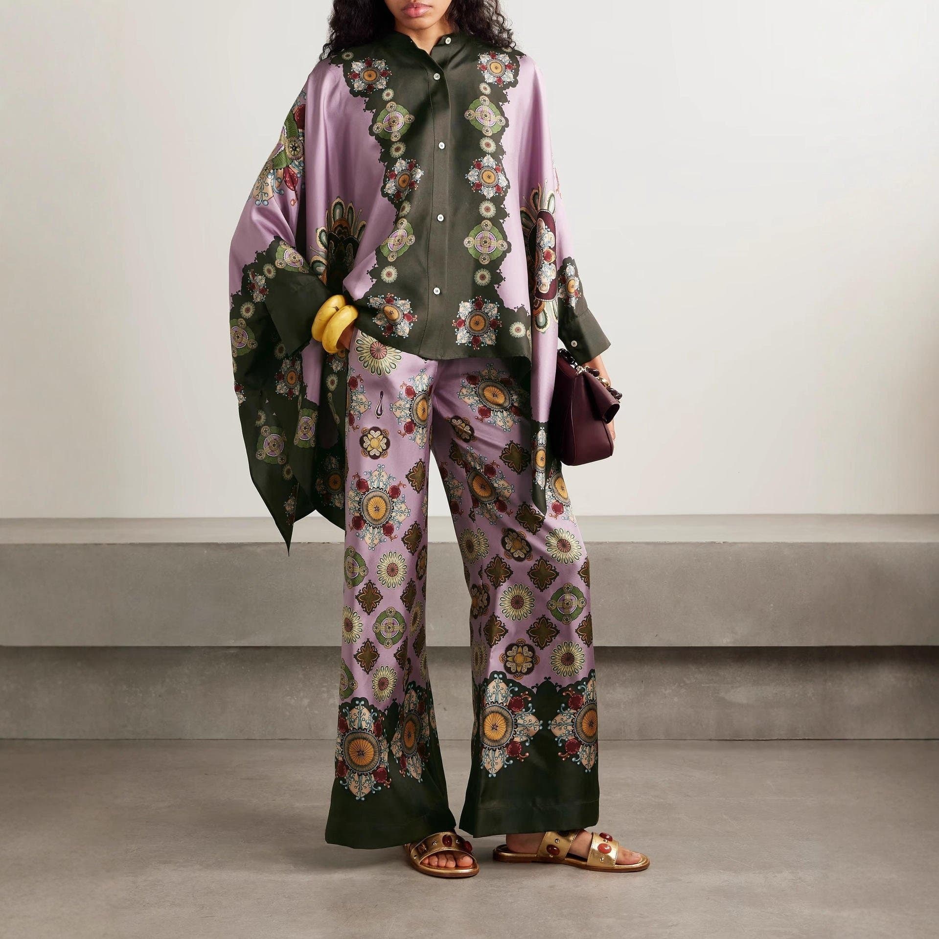 Baroque Print Satin Two Piece Set – Oversized Cape Sleeve Shirt & Wide Leg Pants S-XL