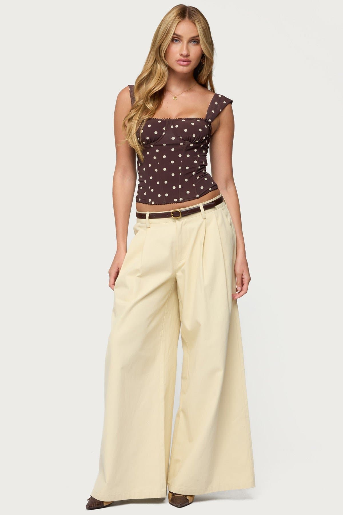 Marcella Wide Strap Corset with Cupped Construction, Boned Bodice, Polka Dot Print