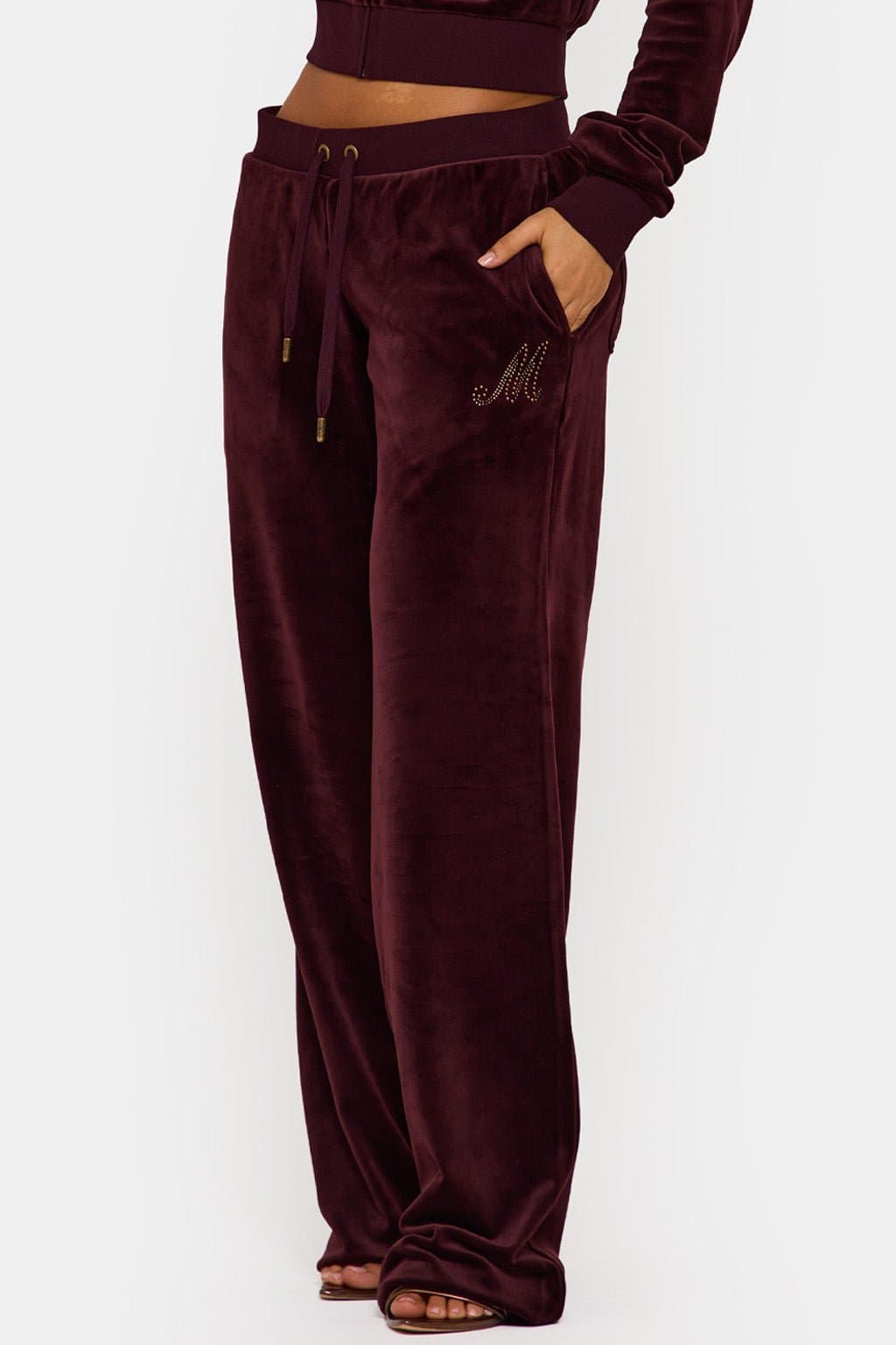 Wine Velour Plush Jogger Pants with MM Hotfix Studs - 95% Polyester 300GSM