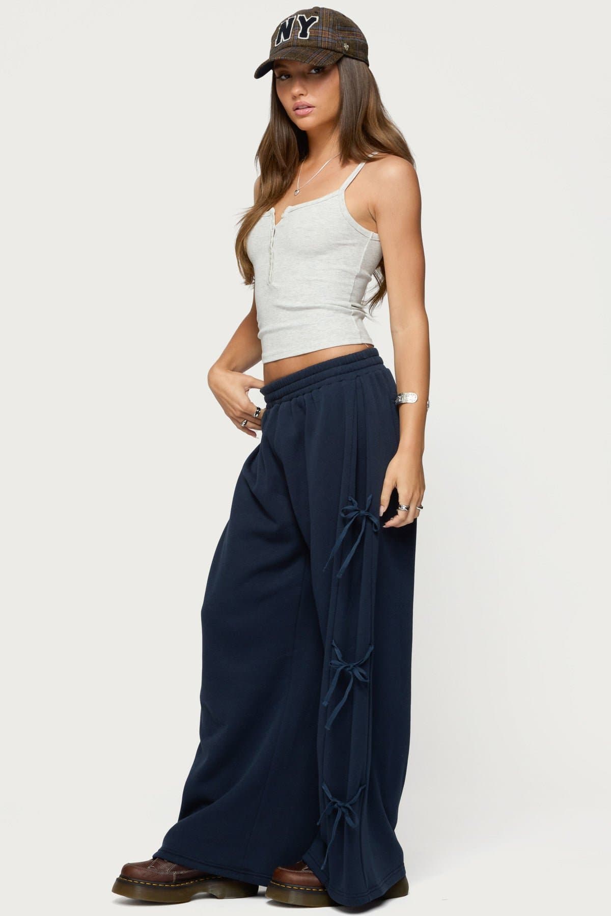 Claudette Baggy Ribbon Sweatpants - Polyester Cotton Elastic Waistband Side Ribbon Detail Small Inseam 30.91"