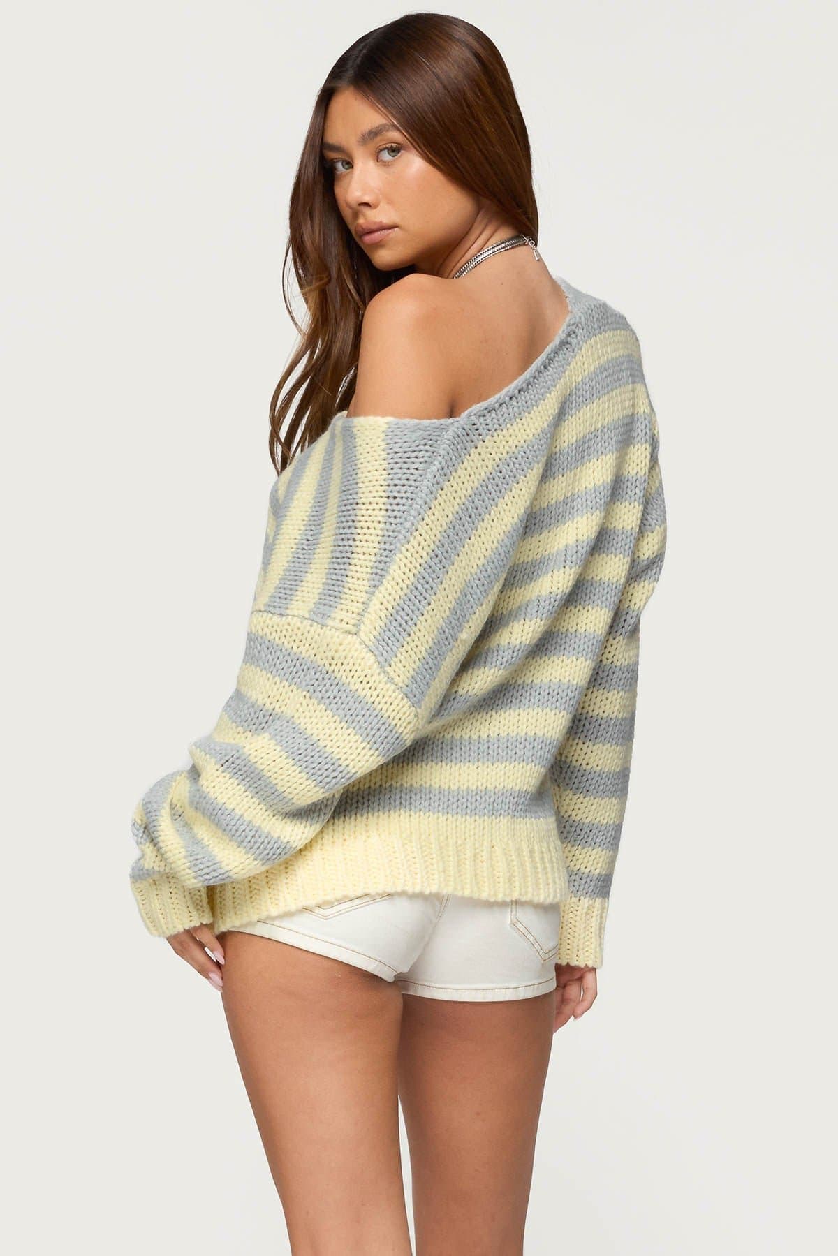 Eugenie Oversized Striped Sweater - V Neck Knit Acrylic with Contrast Cuffs & Side Slits