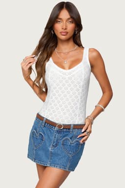 Clementina Eyelet Bodysuit - Scoop Neck Frill Trim Polyester Spandex