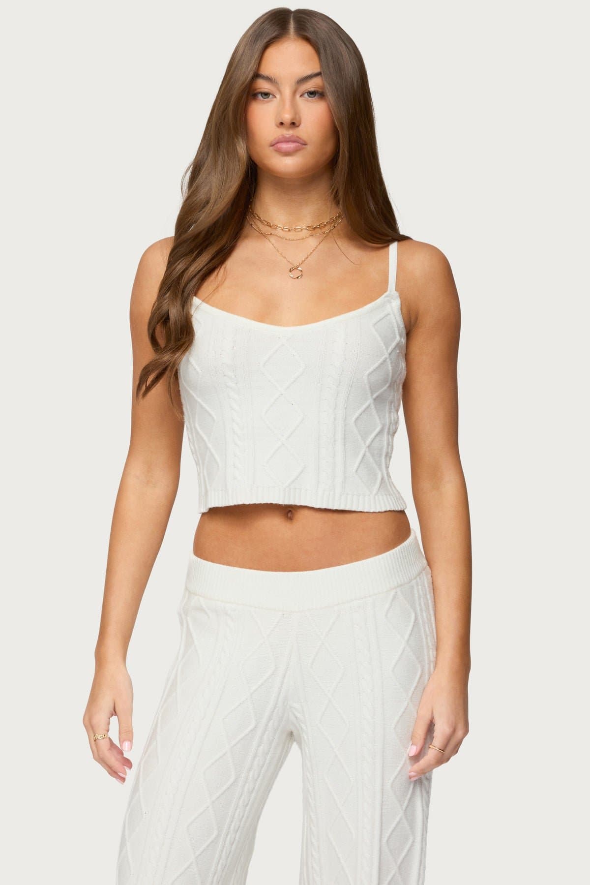 Louise Cable Knit Tank Top - Adjustable Straps, Acrylic Fabric