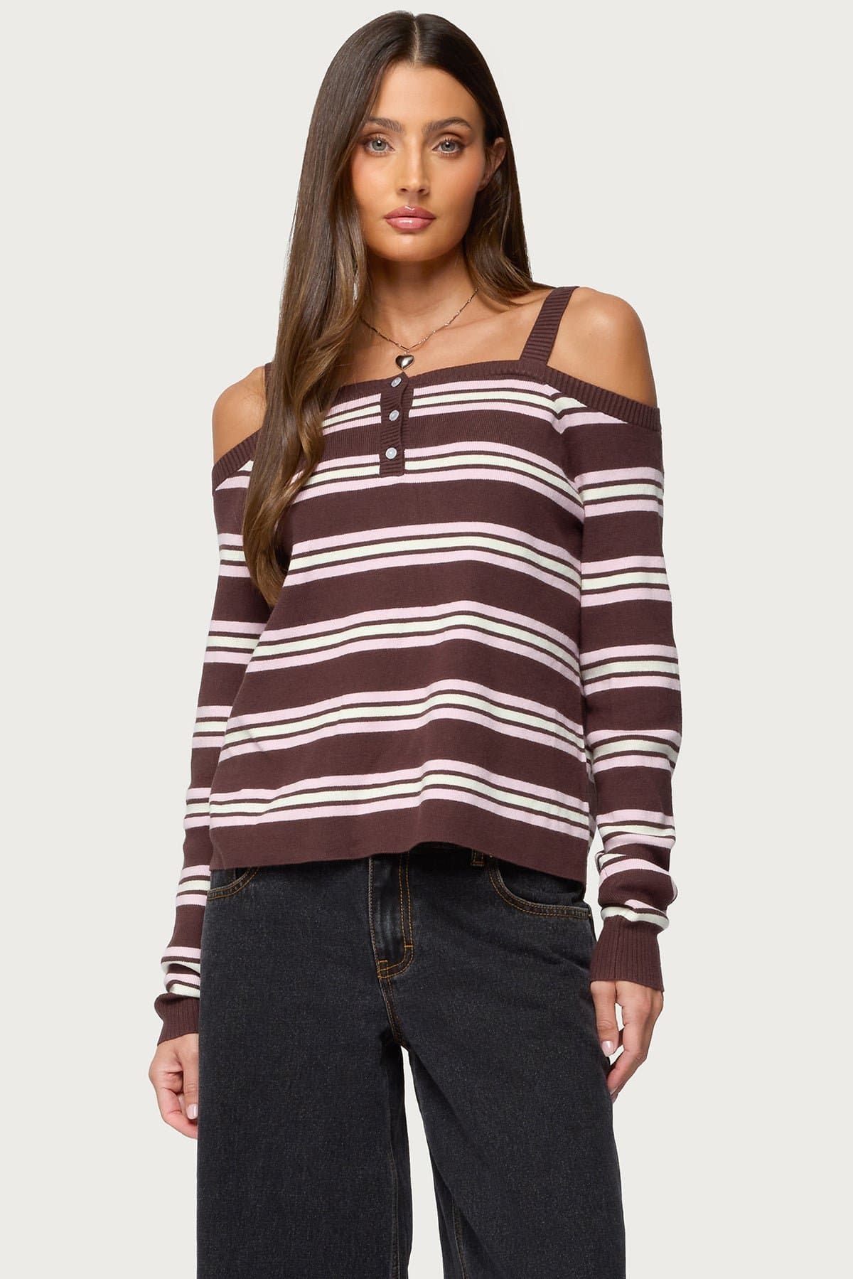 Shyla Off Shoulder Striped Knit Top - Long Sleeve Polyester Rayon Nylon