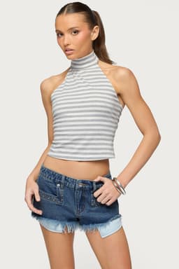 Kay Striped High Neck Halter Top - Cotton Spandex Women's Blouse