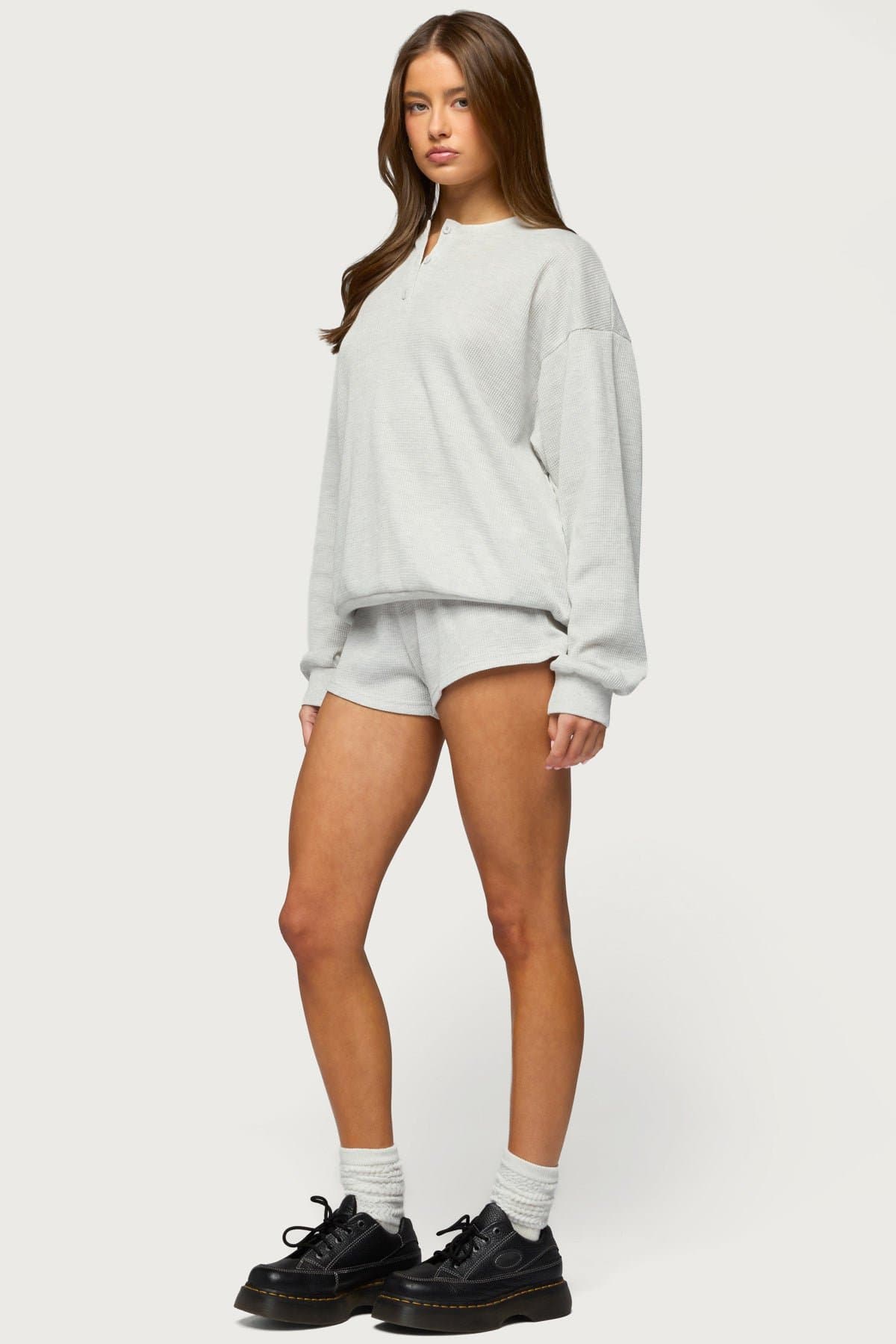 Baila Waffle Henley Top - Long Sleeve Oversized Cotton Polyester Women's Shirt