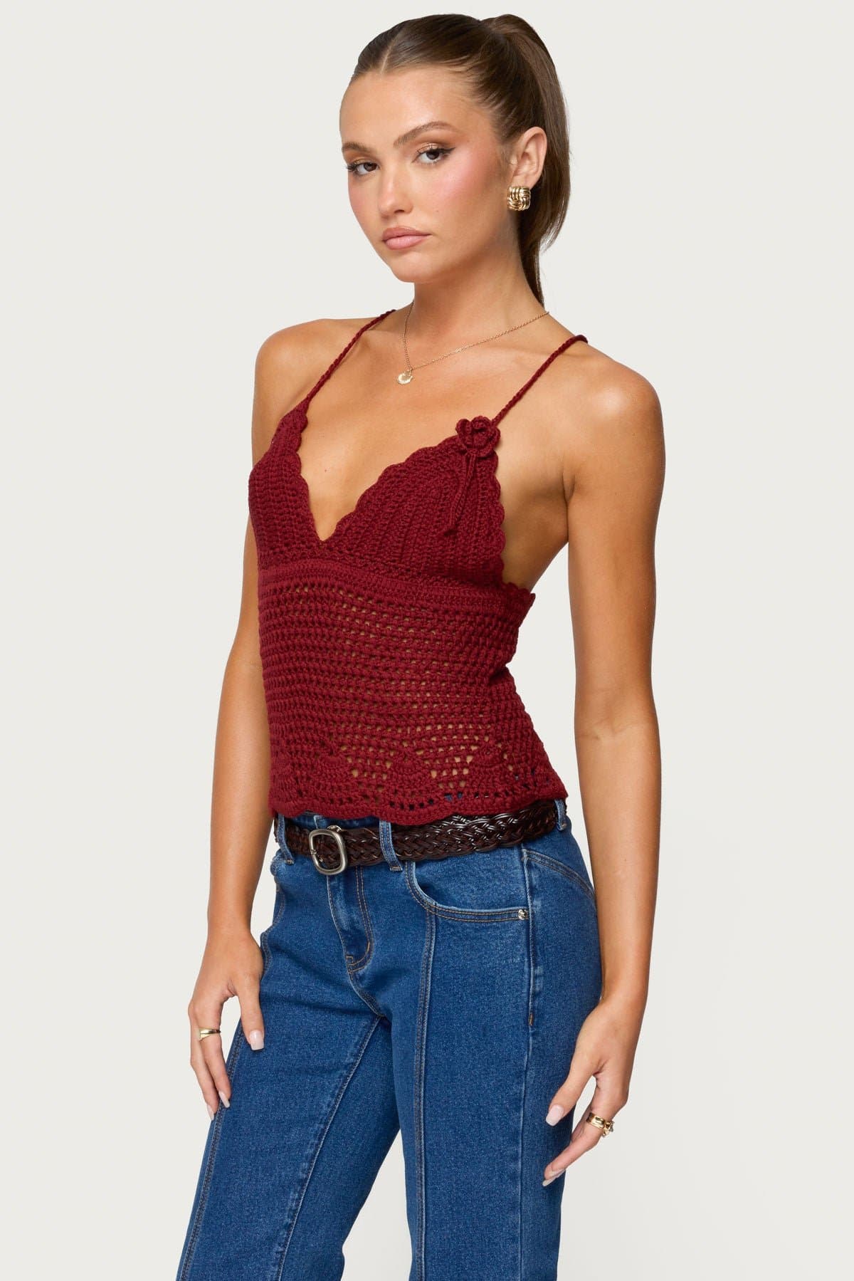 Delila Crochet V Neck Top with Lace Up Back Scalloped Trim Acrylic Fabric
