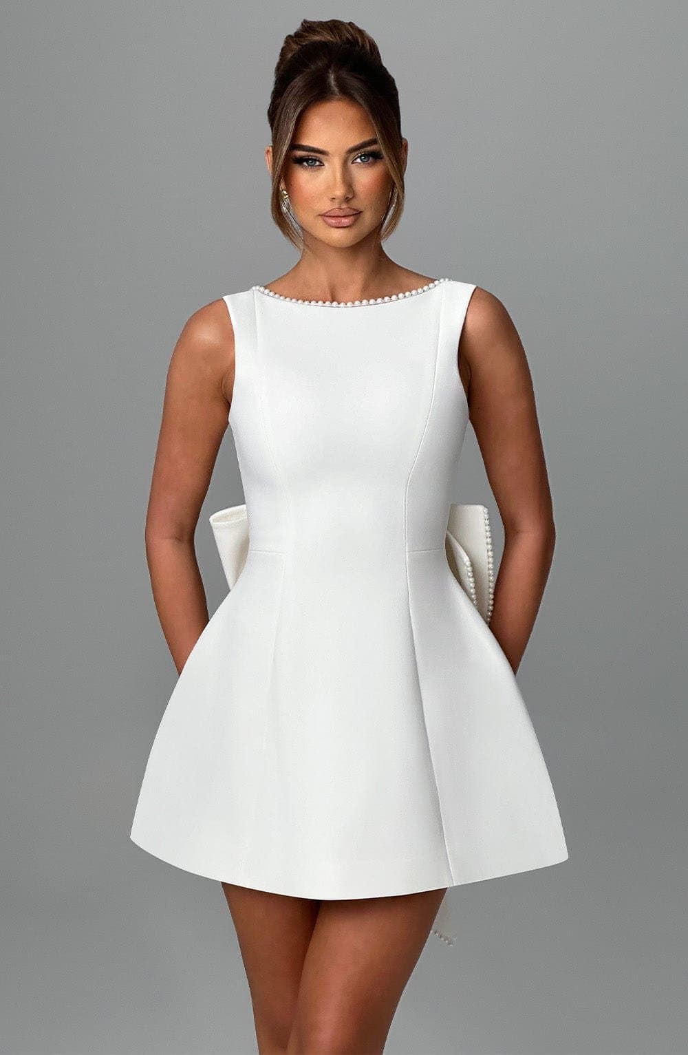 Carrie Mini Dress in Ivory Crepe with Pearl Trim and Detachable Bow
