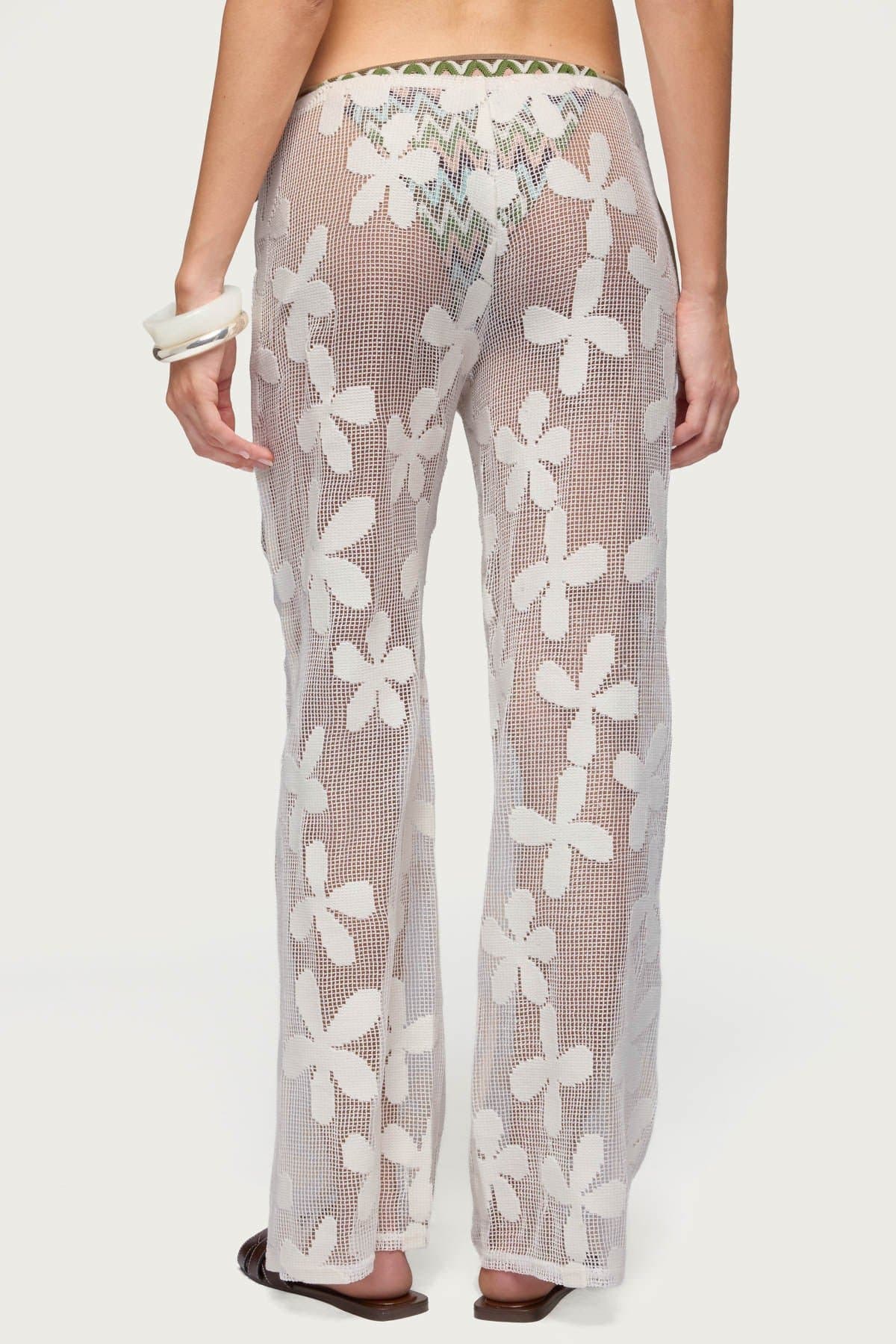 Candace Floral Textured Sheer Pants - Polyester Cotton Elastic Waistband Size S Inseam 30.5in