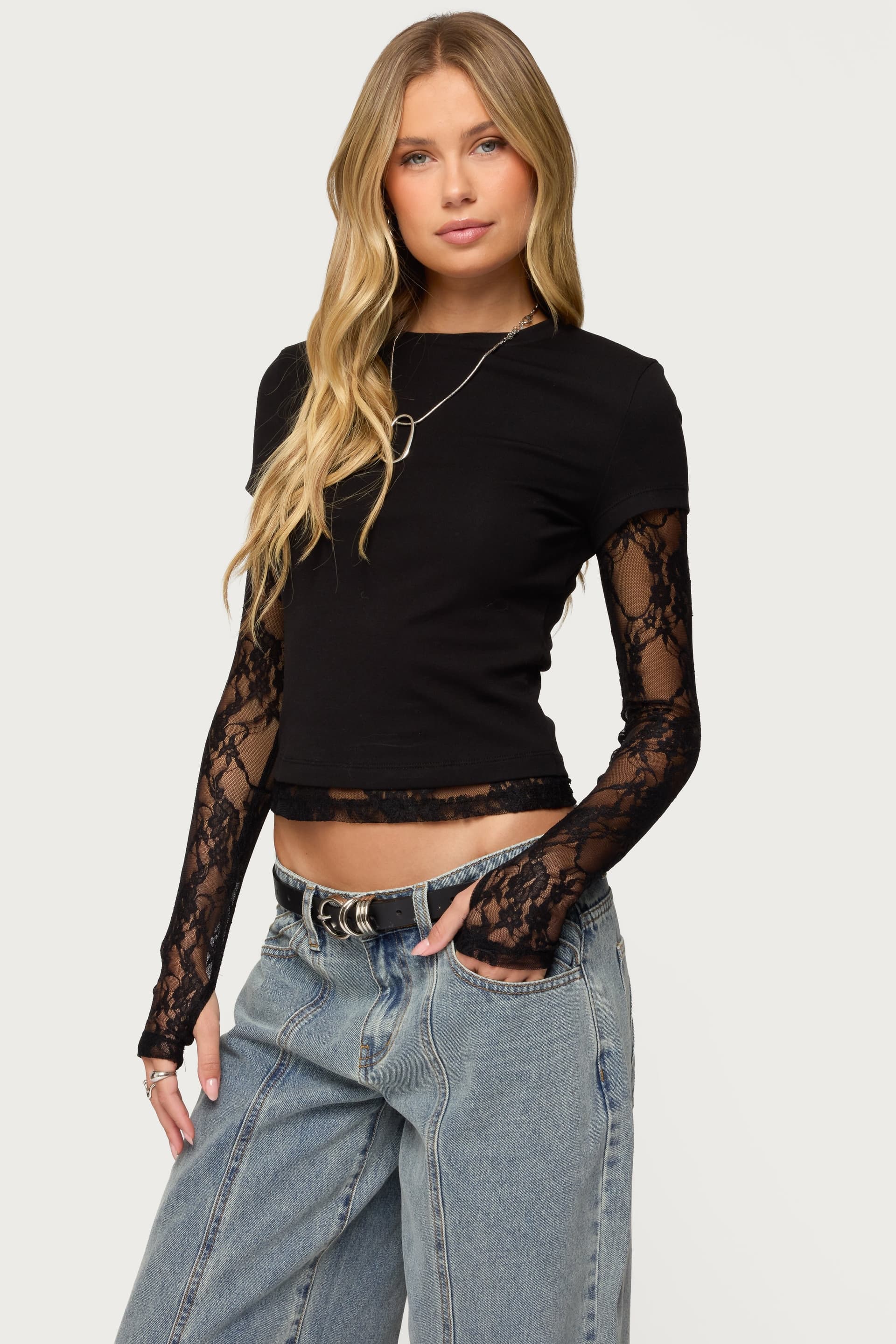 Layered Lace Sleeve Top with Sheer Long Sleeves and Thumb Holes