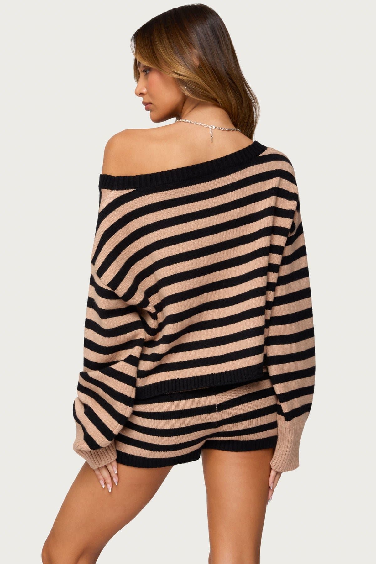 Saphi Striped Oversized Knit Sweater with Contrast Cuffs Acrylic Fabric