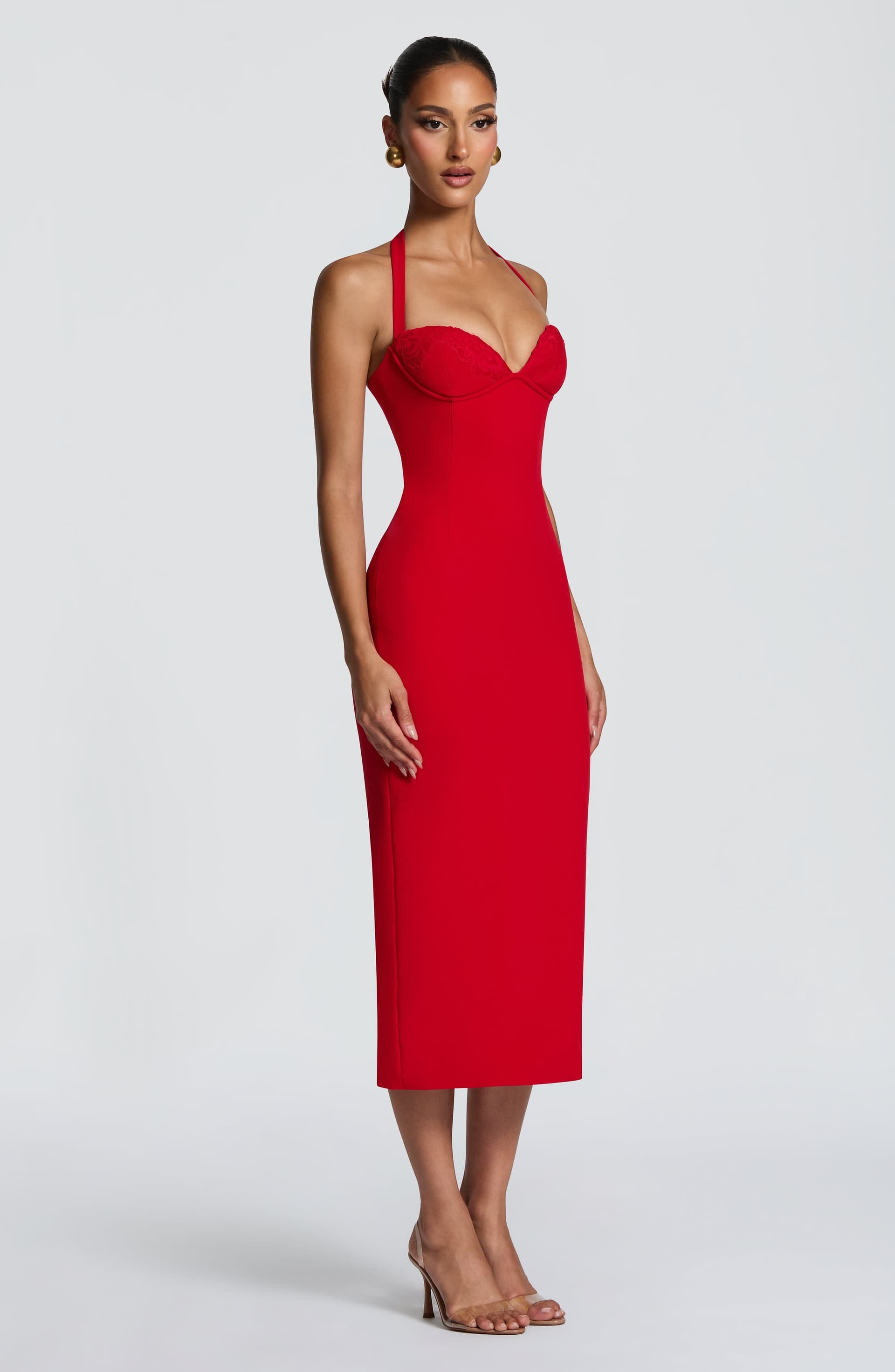 Cassia Midi Dress in Red - Non-Stretch Crepe, Halterneck, Underwired Bodice