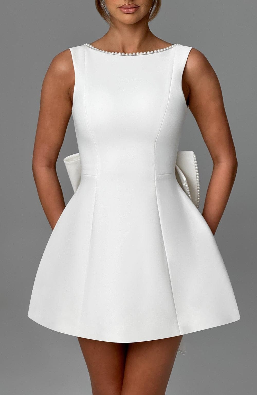 Carrie Mini Dress in Ivory Crepe with Pearl Trim and Detachable Bow