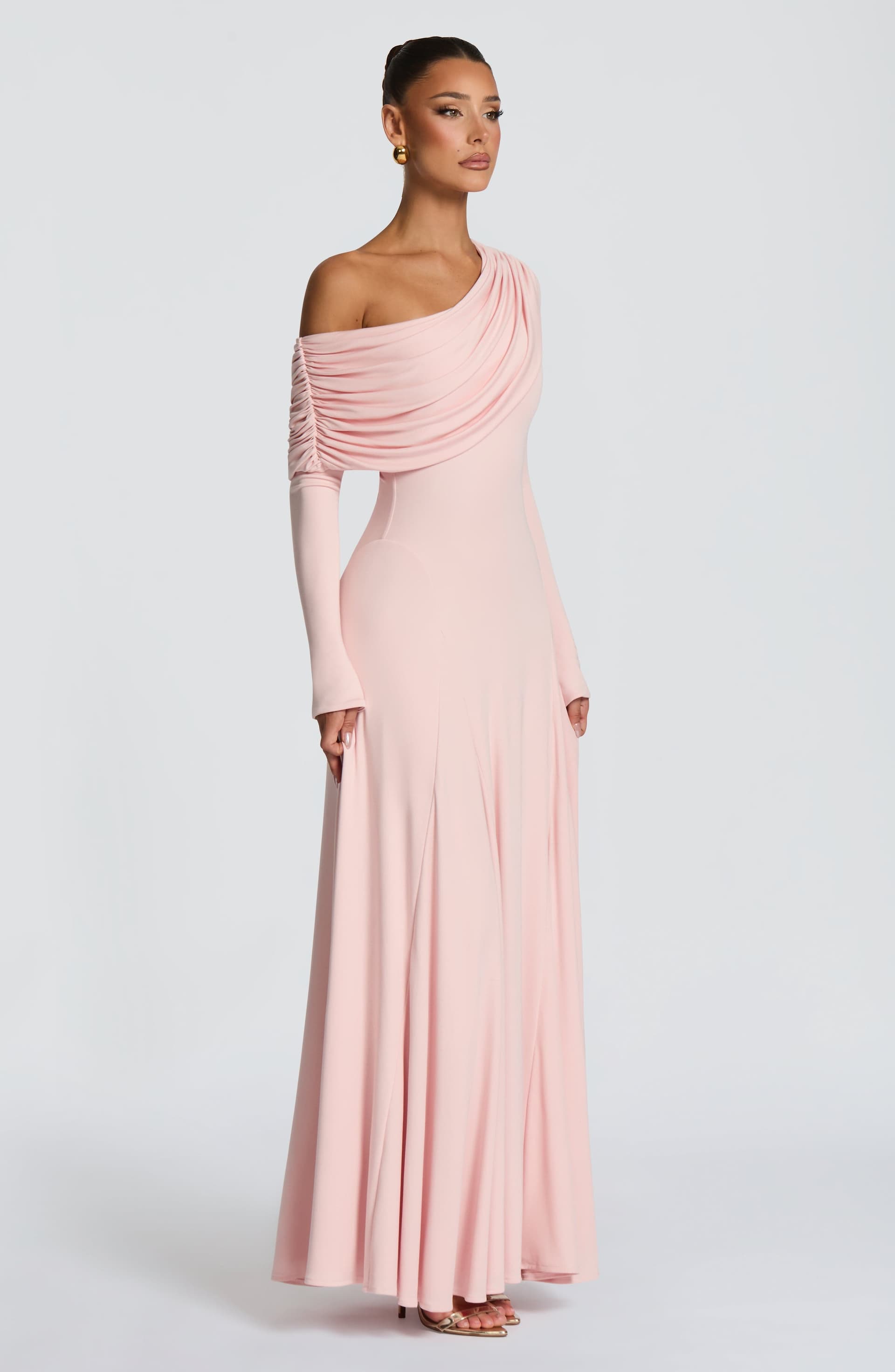 Rafaela Maxi Dress in Soft Blush - Stretch Modal Jersey Asymmetric Long Sleeve