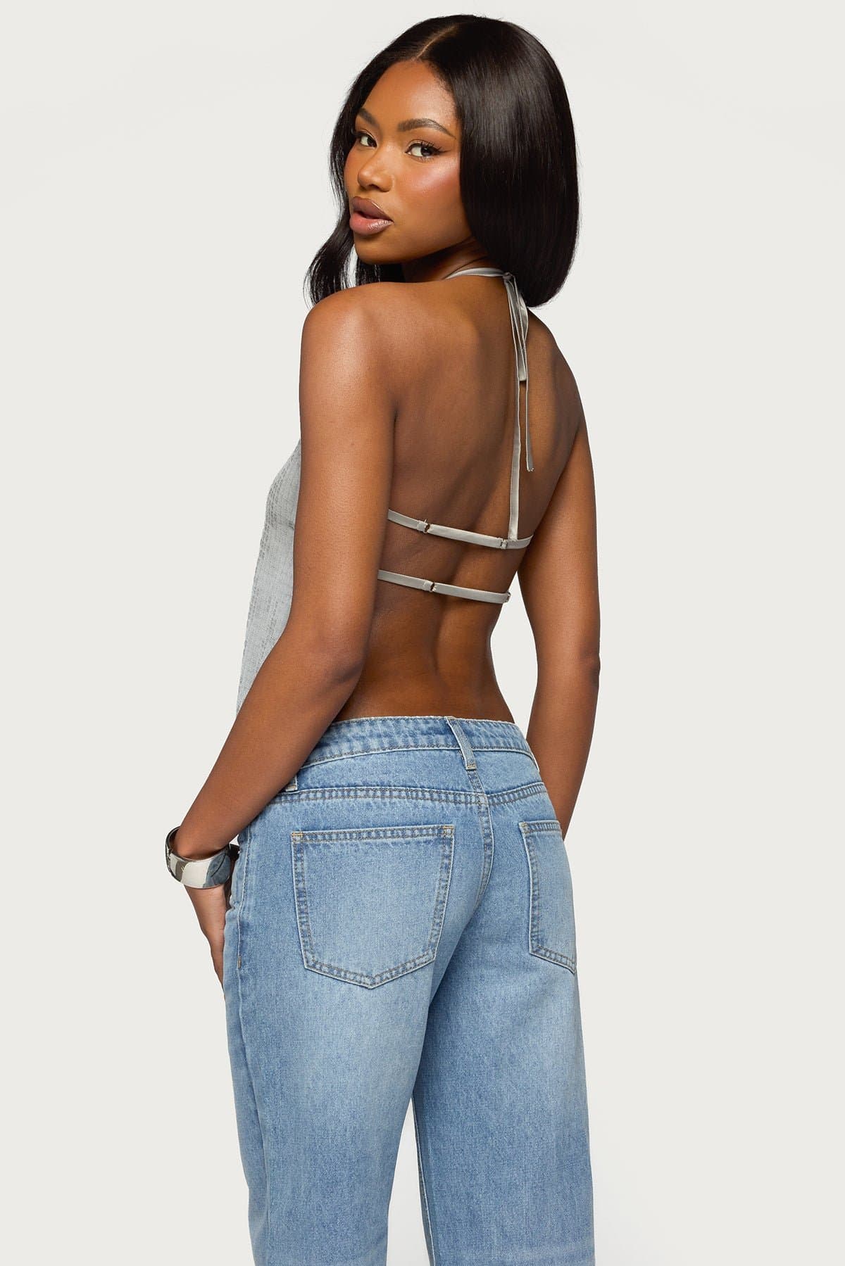 Itara Sequin Backless Halter Top with Open Back and Adjustable Straps