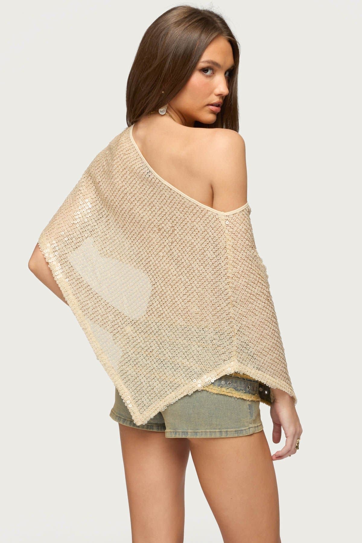 Alanna Sheer Sequin Poncho - Off Shoulder Asymmetric Hem Polyester Spandex