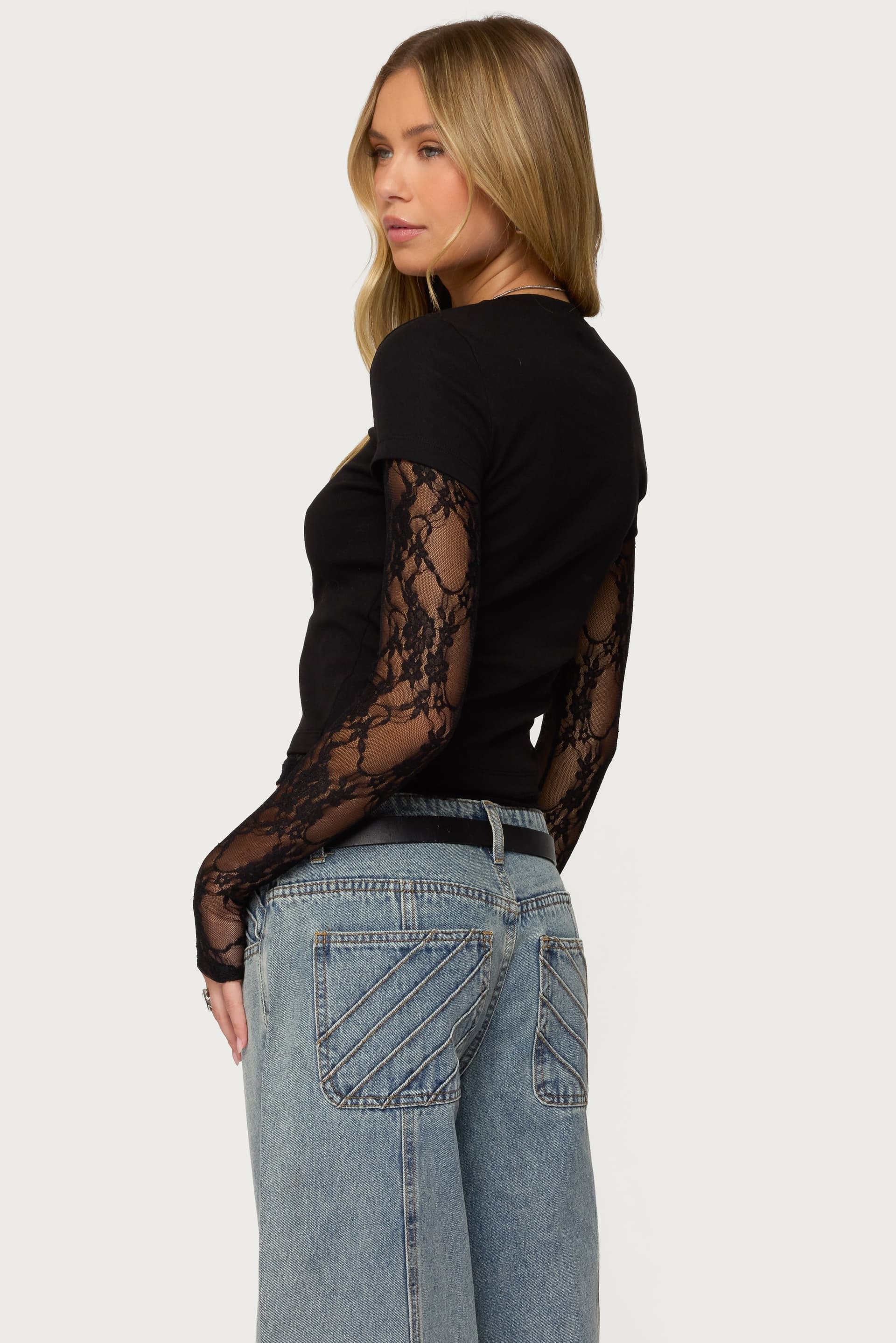 Layered Lace Sleeve Top with Sheer Long Sleeves and Thumb Holes