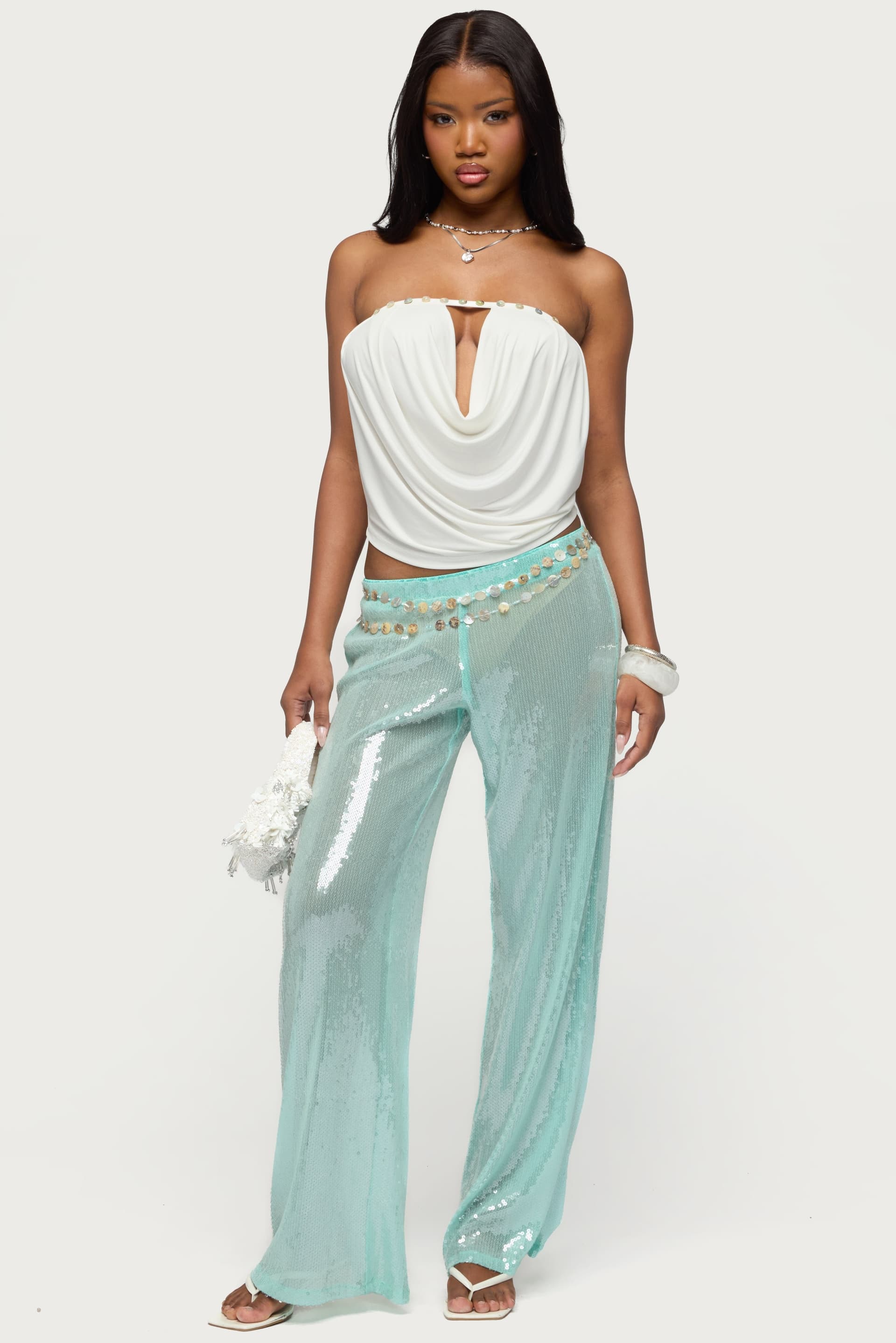 Avalee Sequin Wide Leg Pants - Polyester Spandex Elastic Waistband