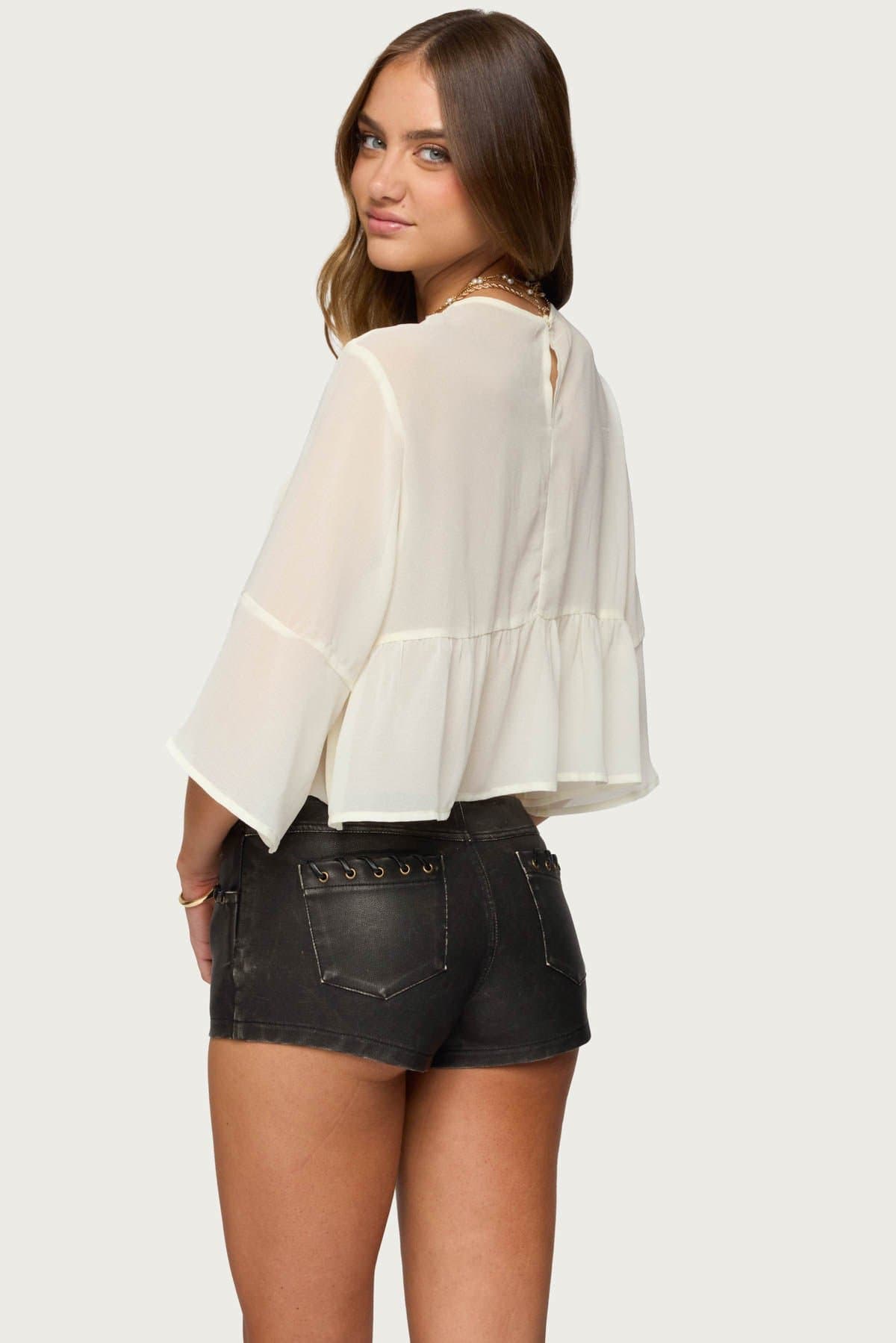 Missey Ruffled Chiffon Top - Polyester Women's Blouse with Back Keyhole