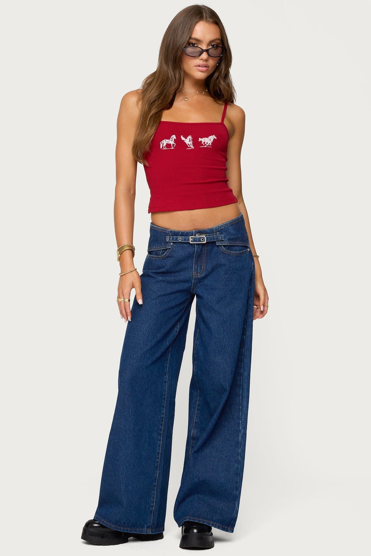 Edie Belt Detail Low Rise Baggy Jeans Wide Leg 100% Cotton Rigid Denim