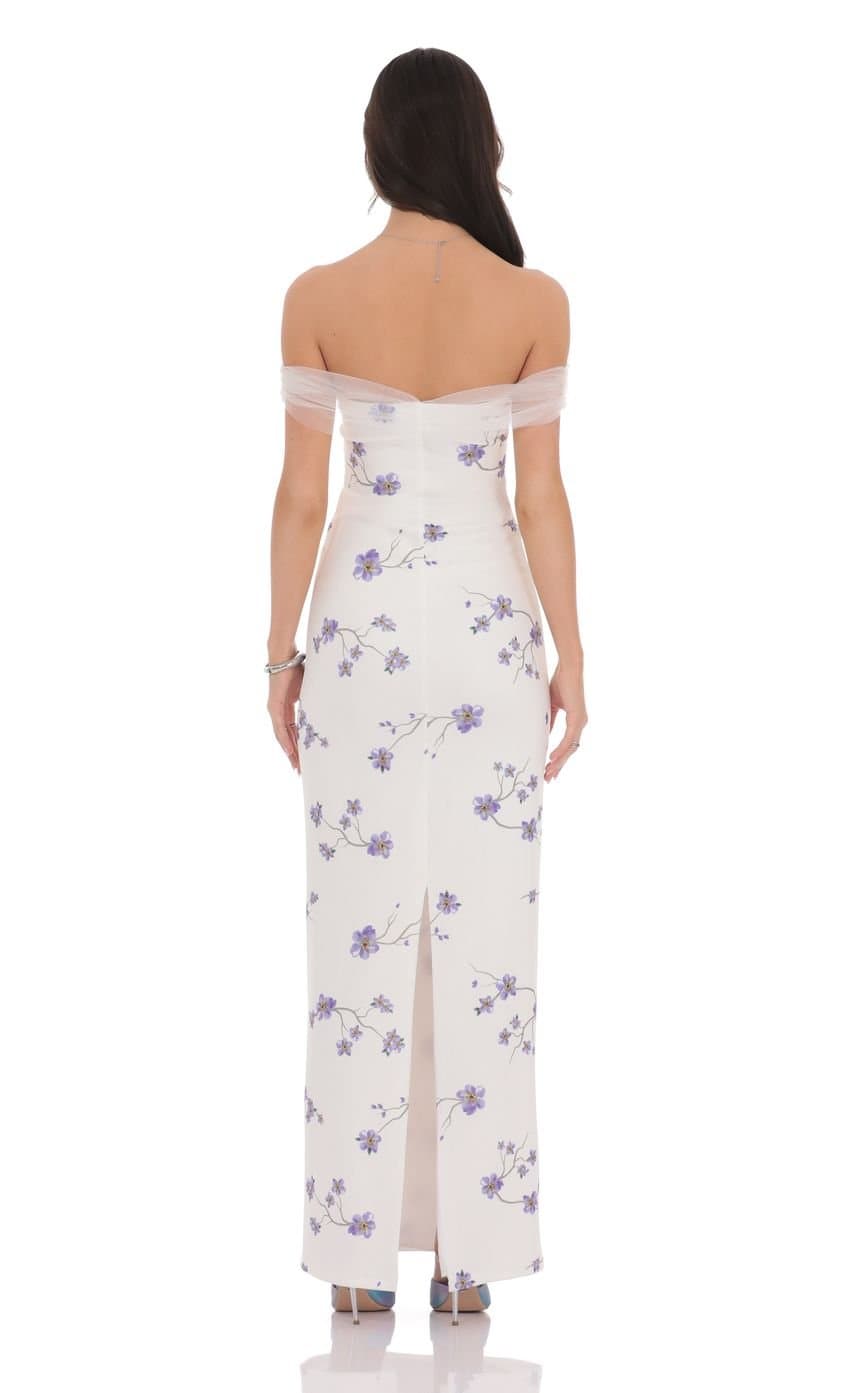 Tulle Off Shoulder Floral Maxi Dress in White