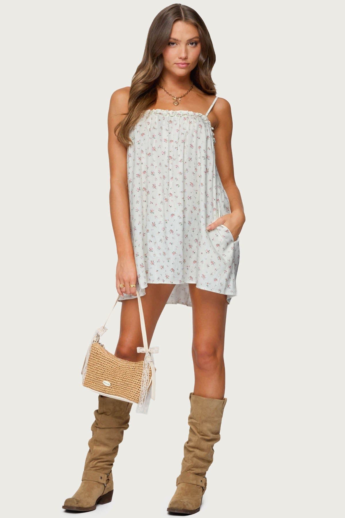 Patti Floral Mini Dress - Adjustable Straps, Loose Fit, Rayon Nylon