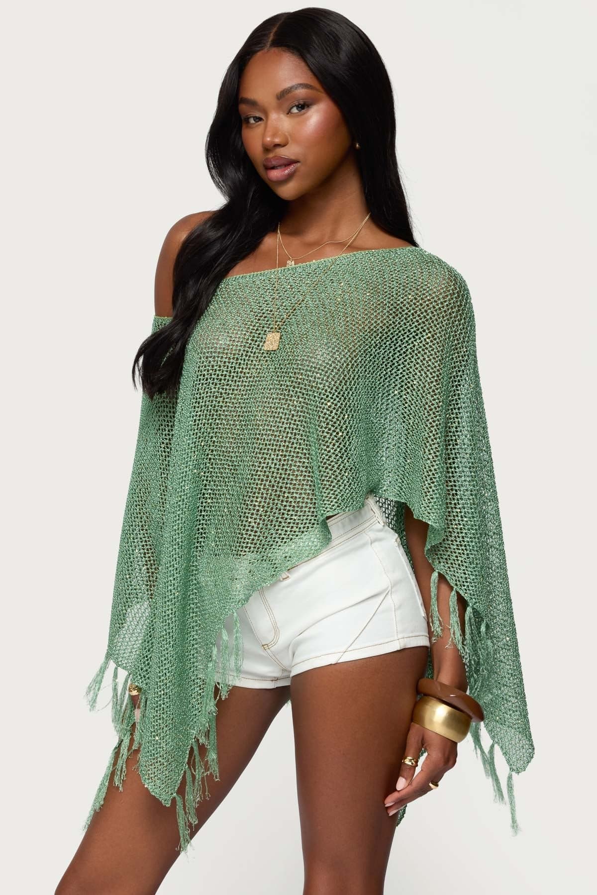 Sequin Fringe Knit Poncho - Boat Neck Open Knit Polyester Fringe Hem
