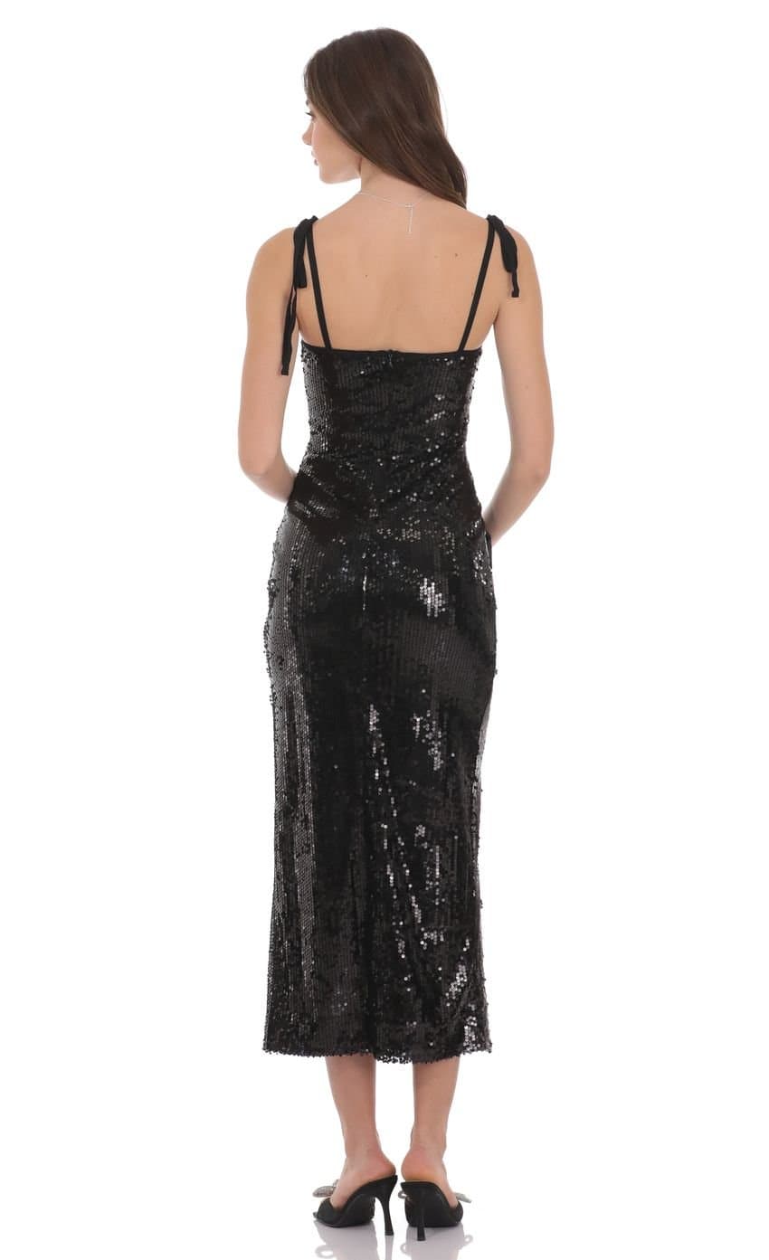 Sequin Shoulder Tie Maxi Dress in Black