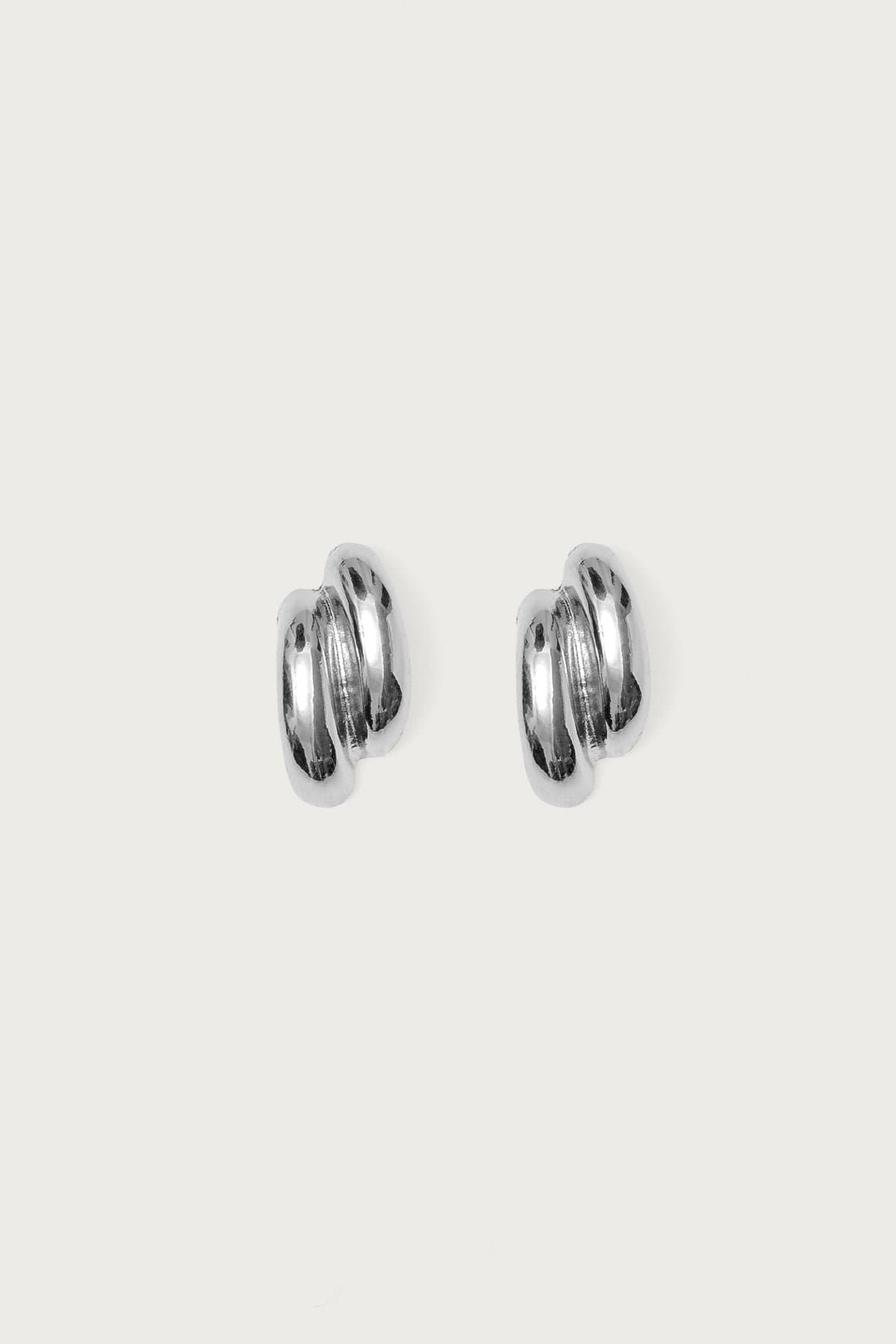 Two Time Chunky Stud Earrings Double Hoop Silver Tone 0.9 Inch