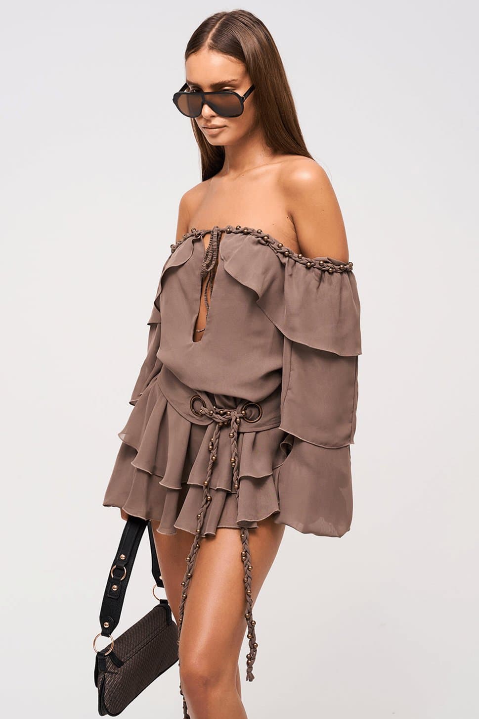 Dixie Bardot Off-Shoulder Chiffon Dress with Keyhole Bust and Plait Details