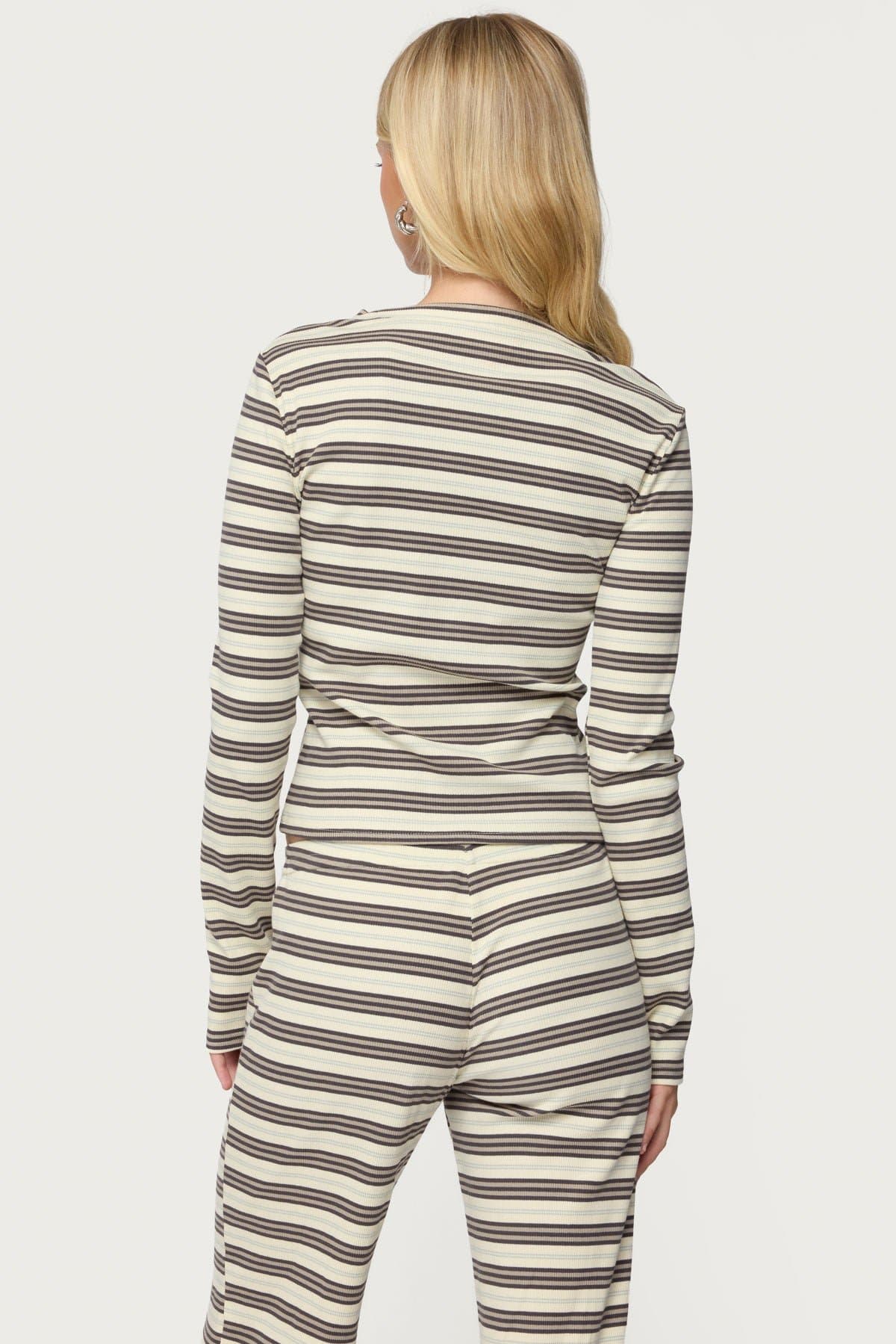 Avalie Striped Ribbed Long Sleeve T-Shirt - Cotton Spandex Loungewear Top