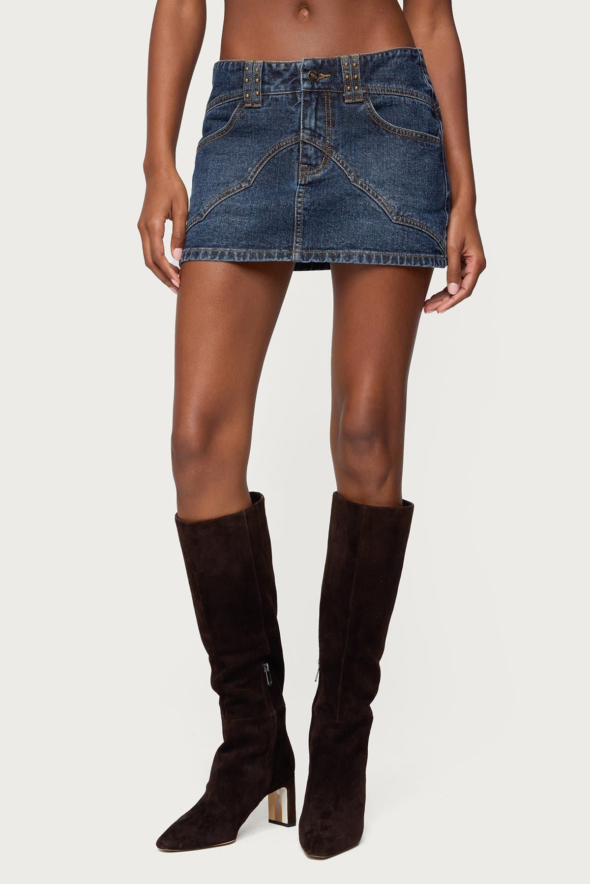 Tory Western Denim Mini Skirt with Stud & Stitch Detailing 100% Cotton