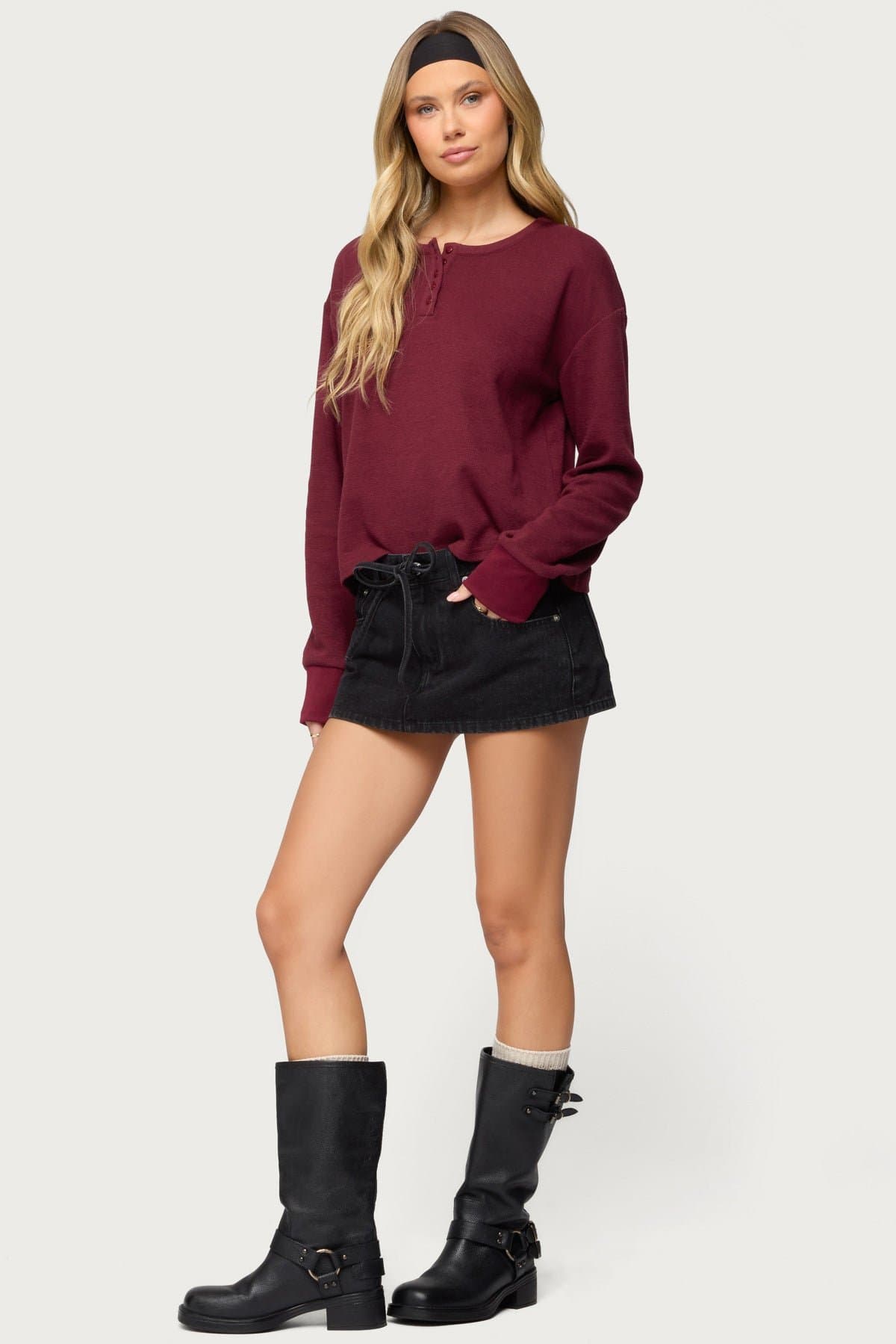 Deni Long Sleeve Henley Waffle Top - Polyester Cotton Spandex Blend