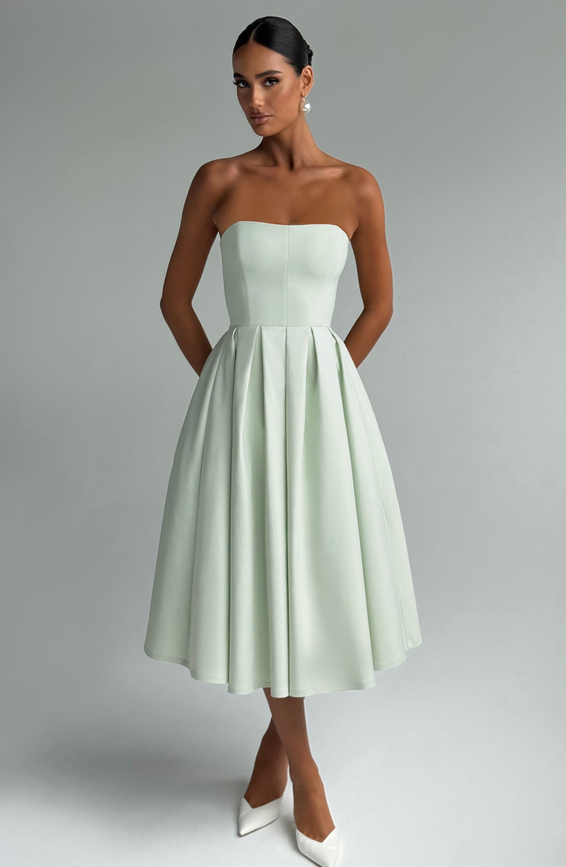 Edith Midi Dress - Mint Strapless Pleated Stretch Bengaline