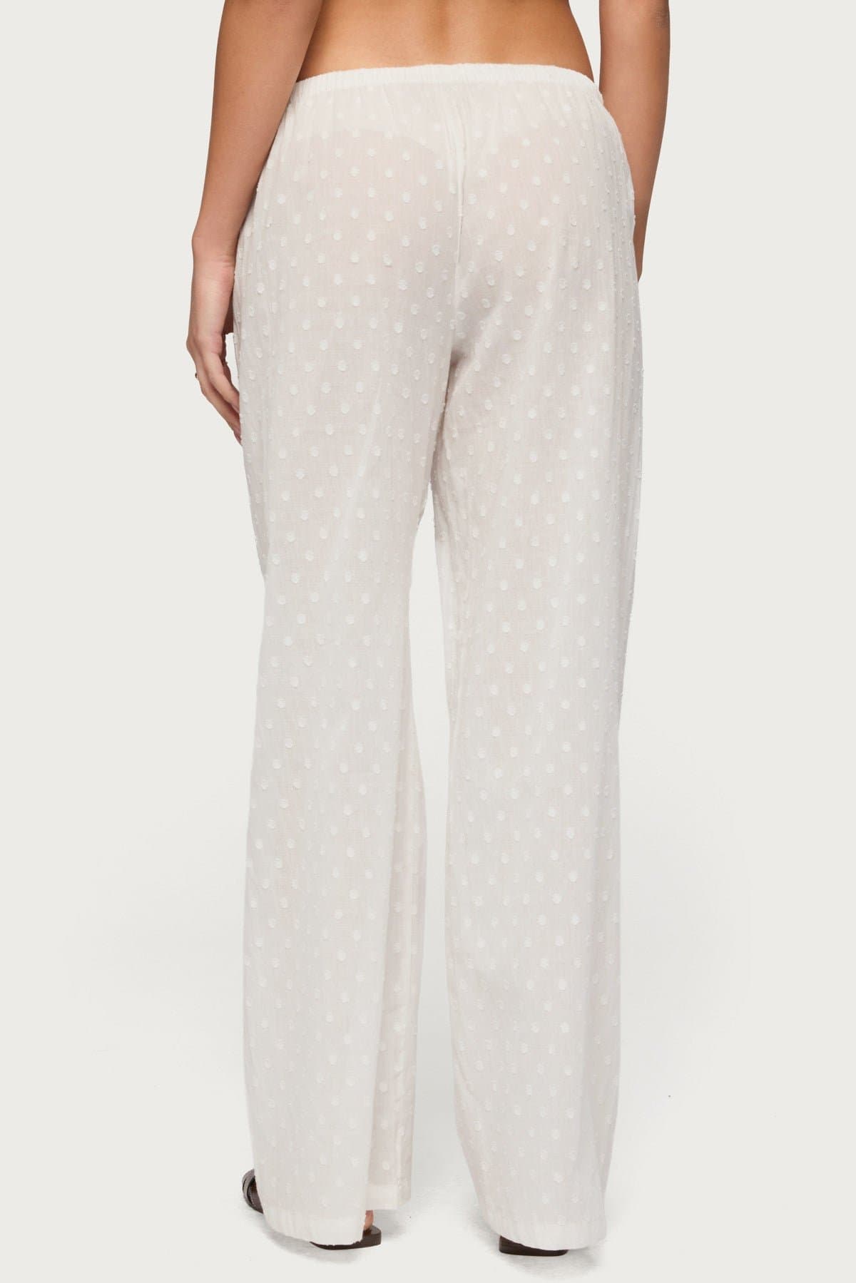 Embroidered Polka Dot Sheer Cotton Pants - Adjustable Tie Waist