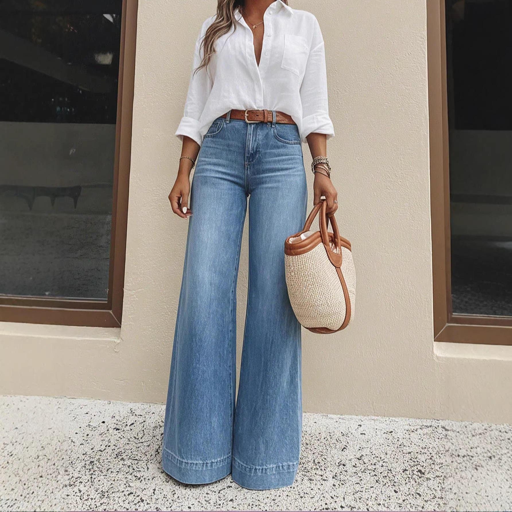 High Waist Wide Leg Jeans – Women's Flare Palazzo Denim Trousers in Medium Wash S-2XL