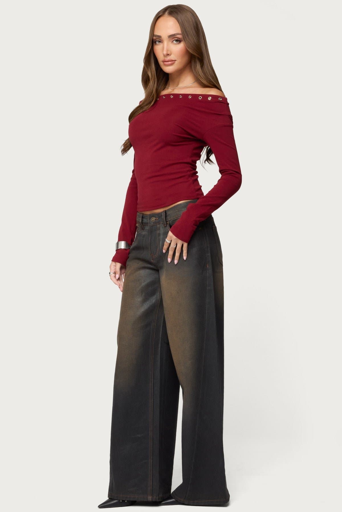 Rebekka Grommet Off Shoulder Long Sleeve Top - Polyester Rayon Spandex